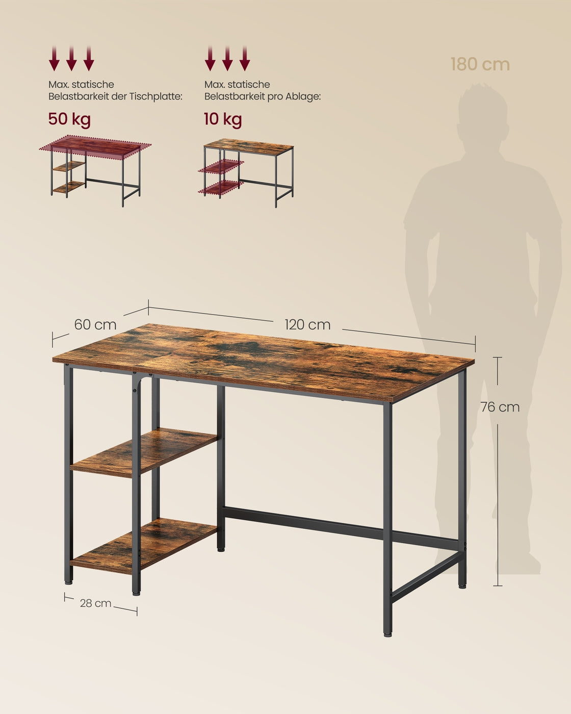 Schreibtisch - Computertisch - Schreibtisch mit 2 Ablageflächen rechts oder links - Industriedesign