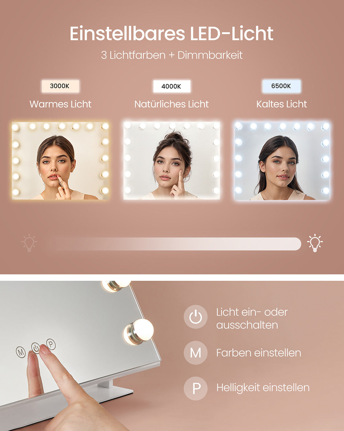 Kosmetikspiegel mit LED-Beleuchtung – 3 Lichtfarben – 360° Drehbar – USB-A & USB-C – 10-fache Vergrößerung
