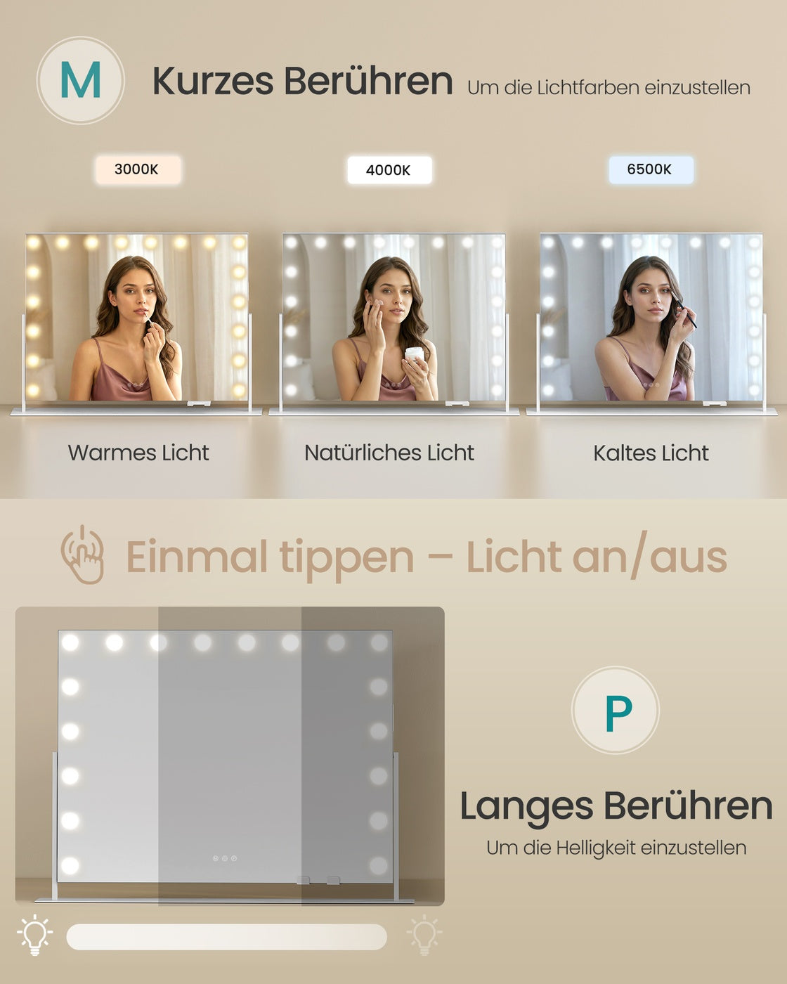 Schminkspiegel - 18 LED-Lampen - Mit USB-Ladegerät Und Touch-Bedienung