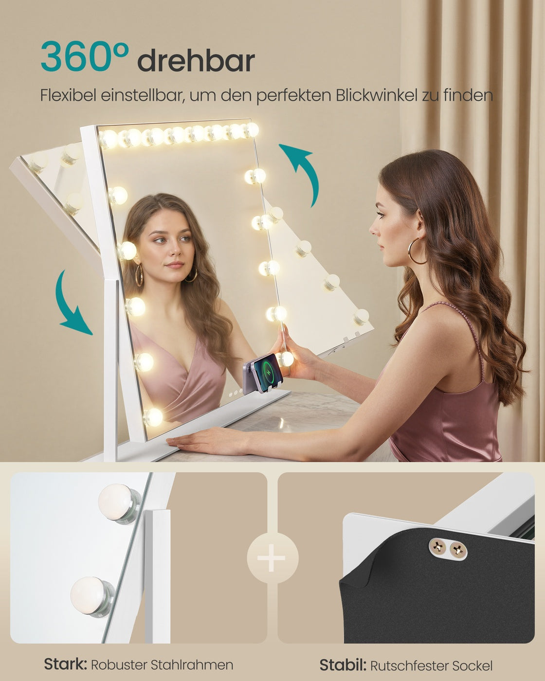 Schminkspiegel - 18 LED-Lampen - Mit USB-Ladegerät Und Touch-Bedienung