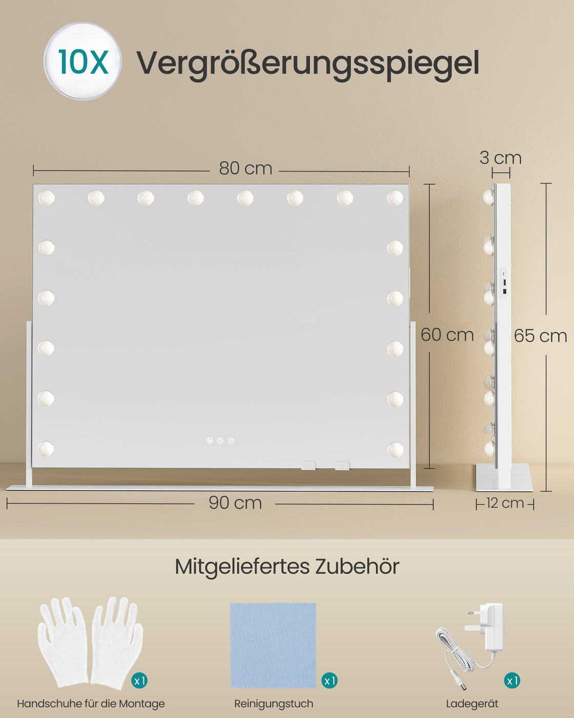 Schminkspiegel - 18 LED-Lampen - Mit USB-Ladegerät Und Touch-Bedienung