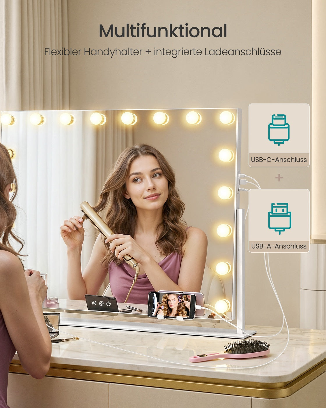 Schminkspiegel - 18 LED-Lampen - Mit USB-Ladegerät Und Touch-Bedienung