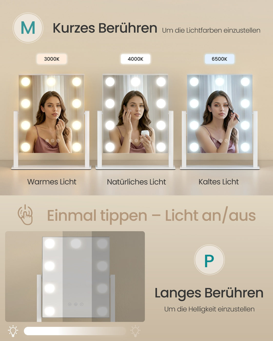 Schminkspiegel - 9 LED-Lampen - Mit USB-Ladegerät Und Touch-Bedienung