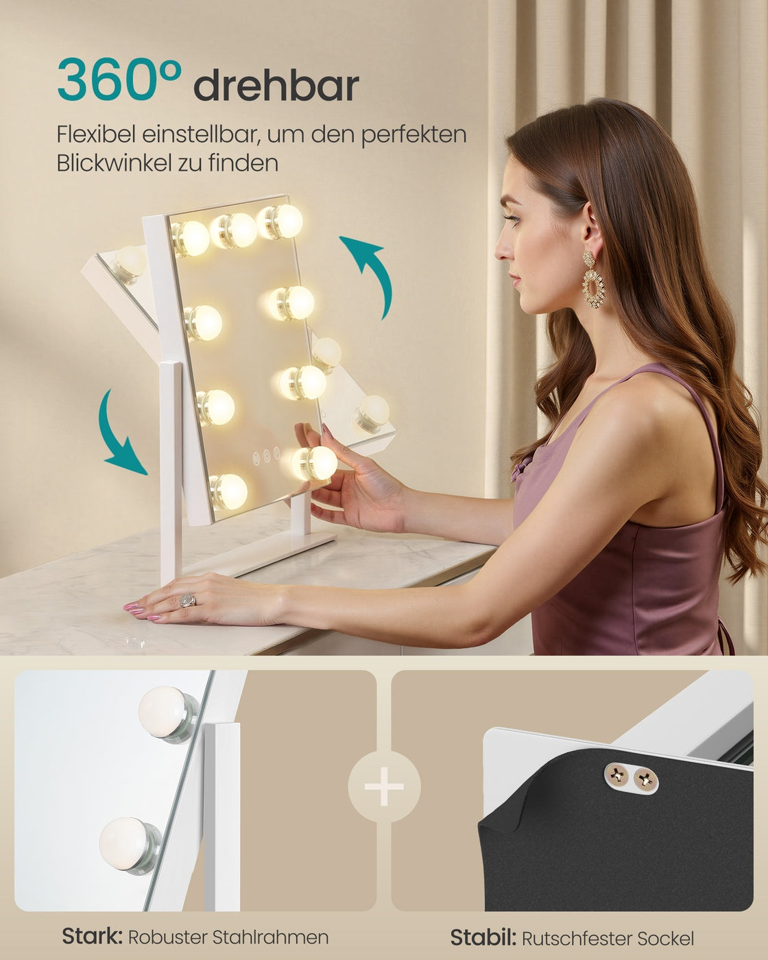 Schminkspiegel - 9 LED-Lampen - Mit USB-Ladegerät Und Touch-Bedienung