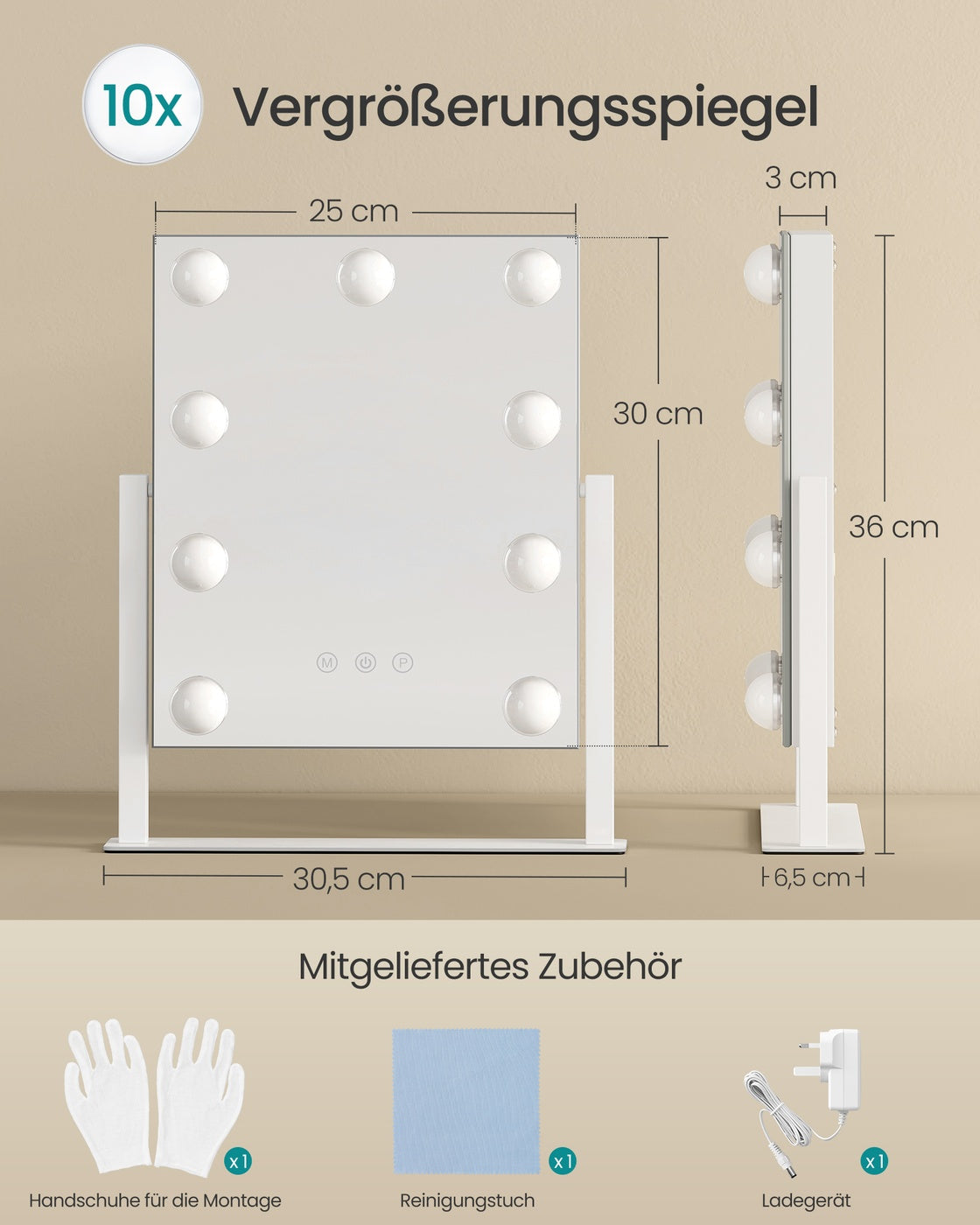 Schminkspiegel - 9 LED-Lampen - Mit USB-Ladegerät Und Touch-Bedienung