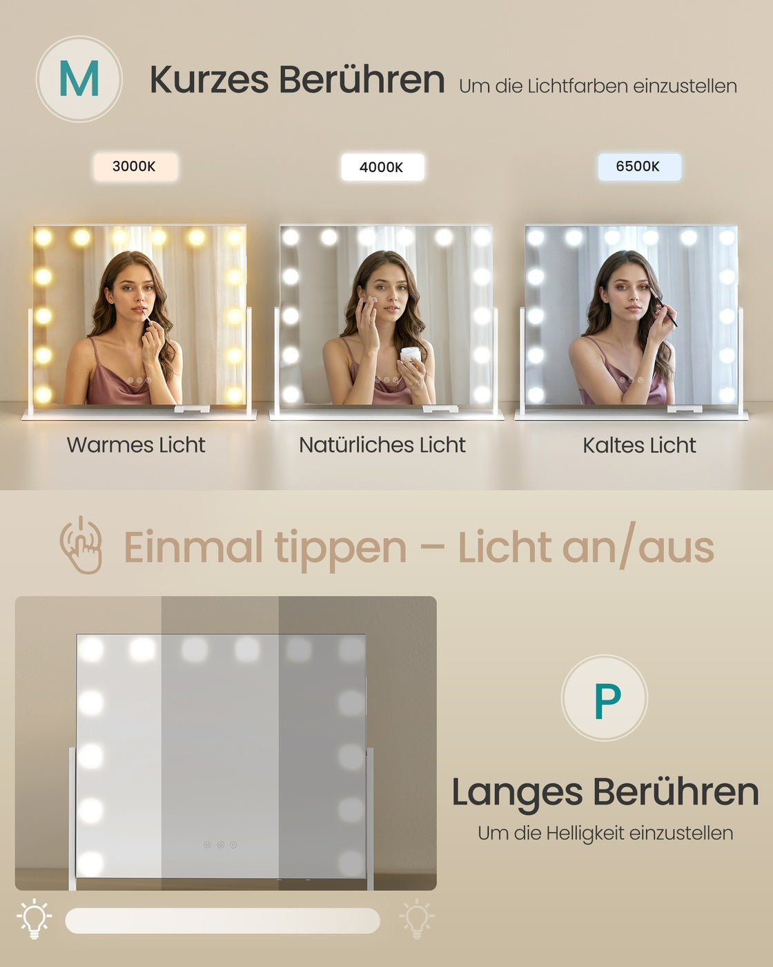 Schminkspiegel - 14 LED-Lampen - Mit USB-Ladegerät Und Touch-Bedienung