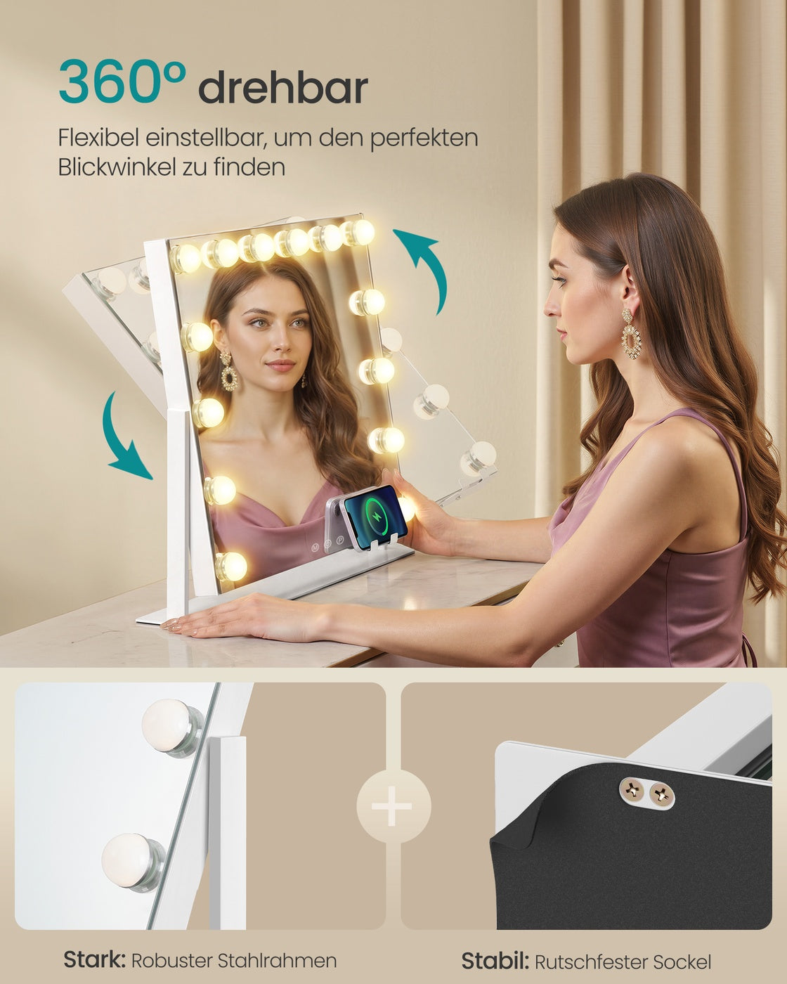 Schminkspiegel - 14 LED-Lampen - Mit USB-Ladegerät Und Touch-Bedienung