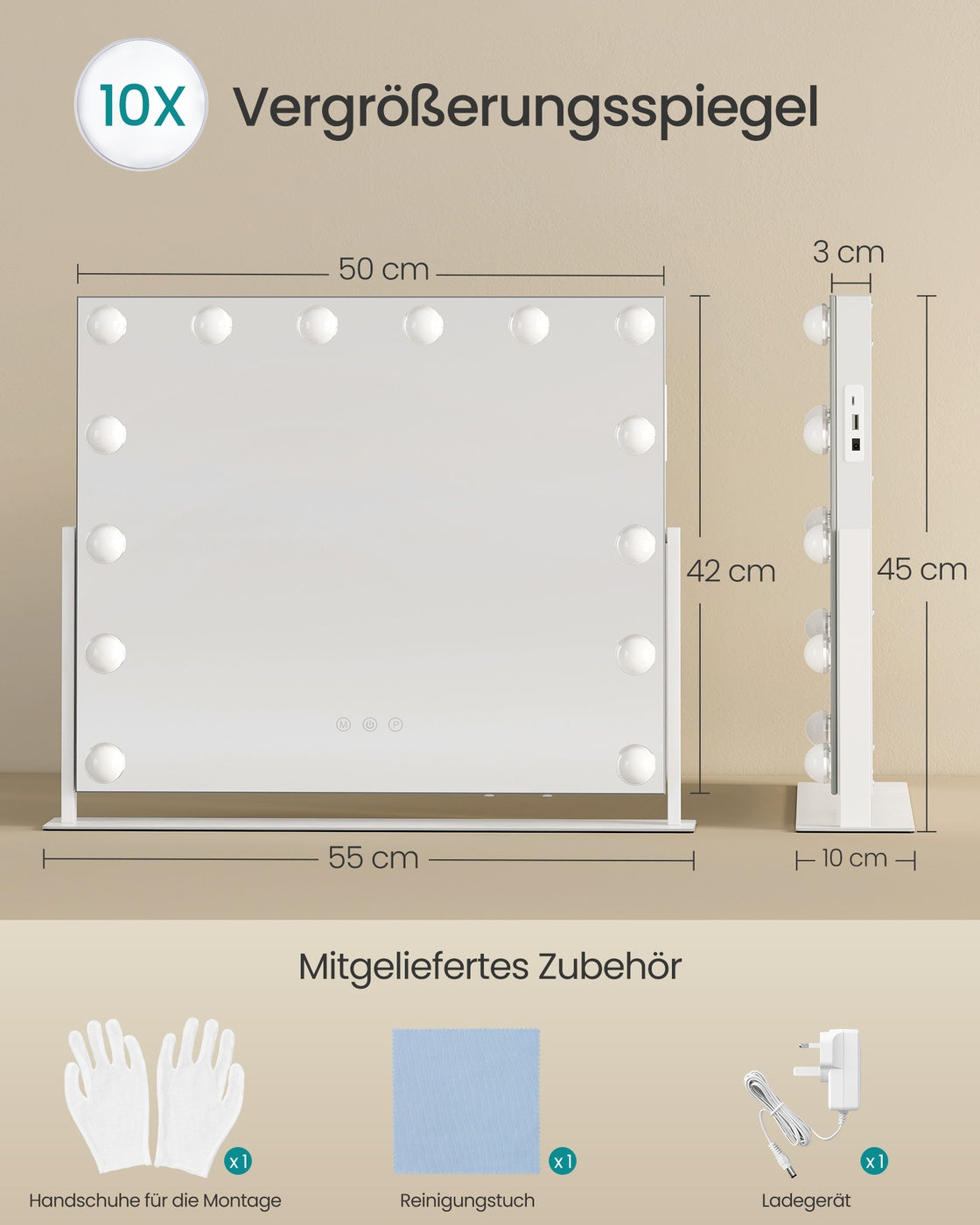 Schminkspiegel - 14 LED-Lampen - Mit USB-Ladegerät Und Touch-Bedienung