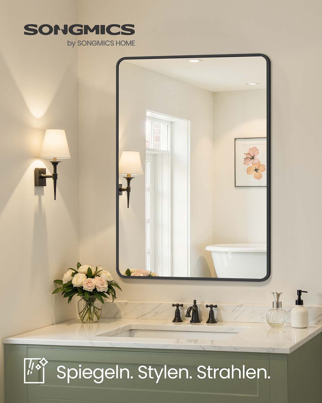 Wandspiegel – Rechteckig – Aluminiumrahmen – 91 x 61 cm – Bruchsicheres Glas – Kann horizontal und vertikal aufgehängt werden