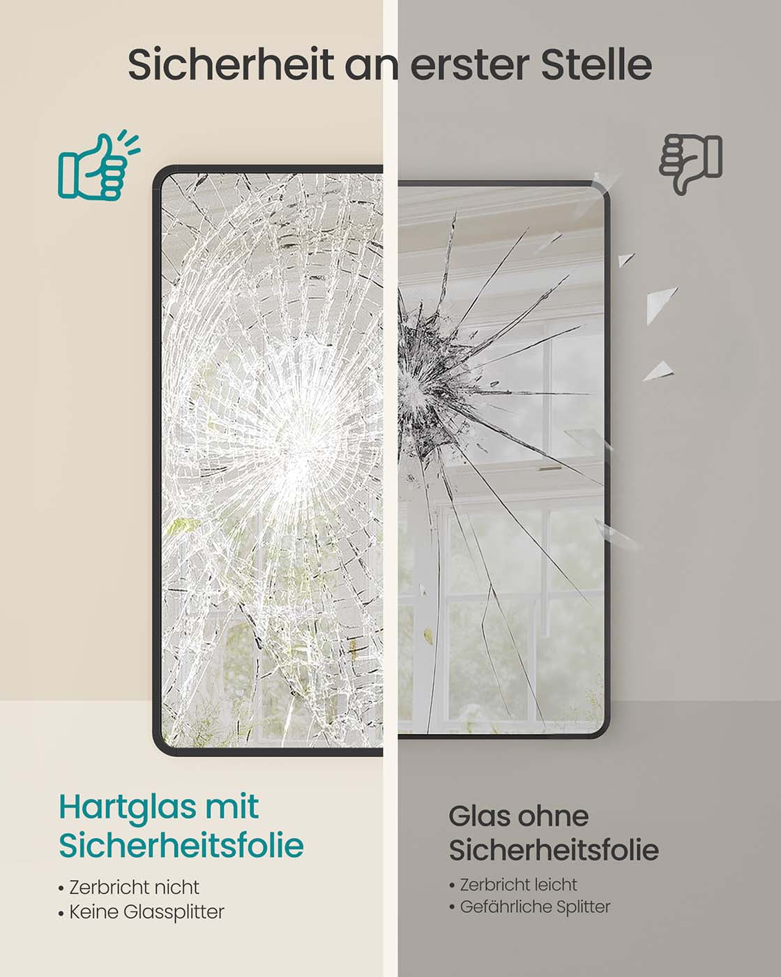 Wandspiegel – Rechteckig – Aluminiumrahmen – 91 x 61 cm – Bruchsicheres Glas – Kann horizontal und vertikal aufgehängt werden
