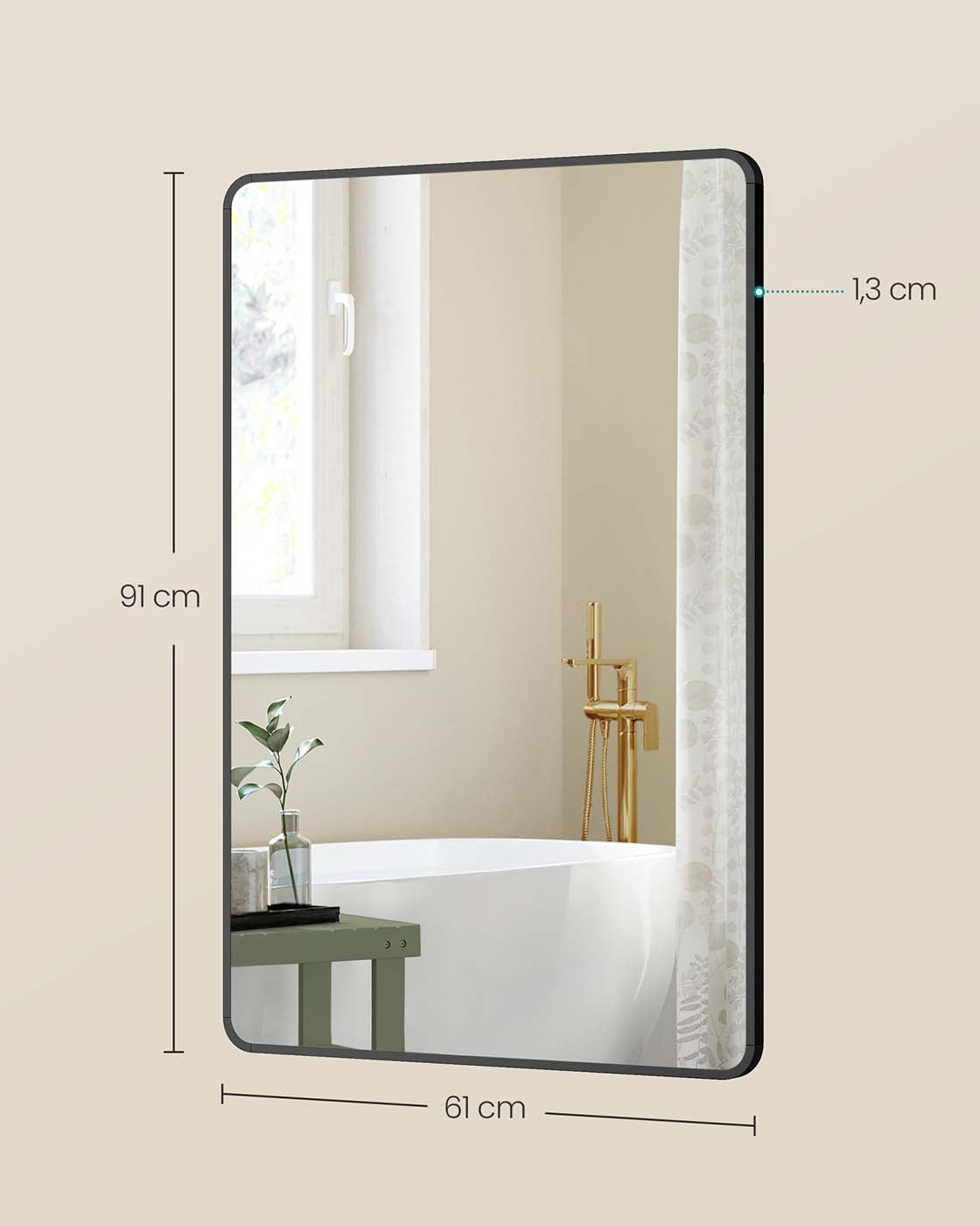 Wandspiegel – Rechteckig – Aluminiumrahmen – 91 x 61 cm – Bruchsicheres Glas – Kann horizontal und vertikal aufgehängt werden