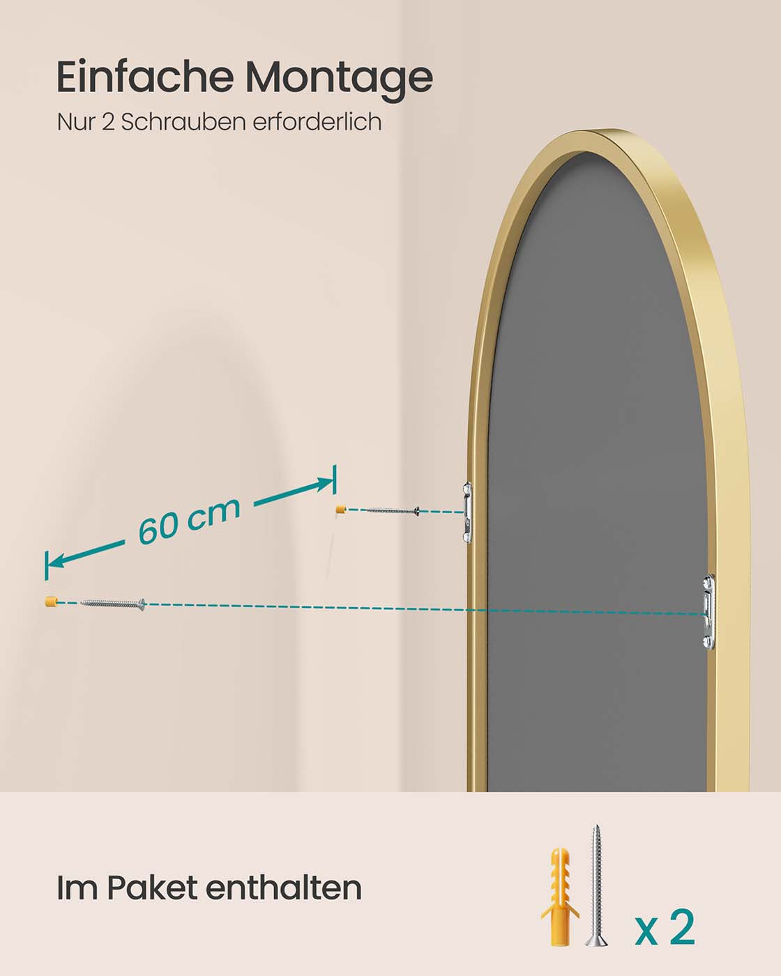 Wandspiegel mit Aluminiumrahmen – Ovales Design – Bruchsicheres Sicherheitsglas – 91 x 61 cm