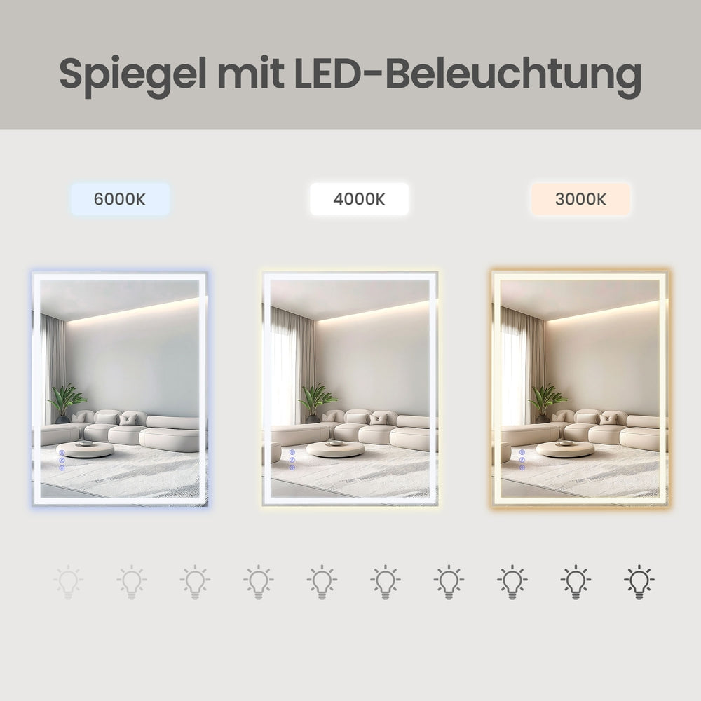 Badspiegel mit LED-Beleuchtung – Dimmbar – Rechteckig – 2 Größen – für Badezimmer & Schminkecke