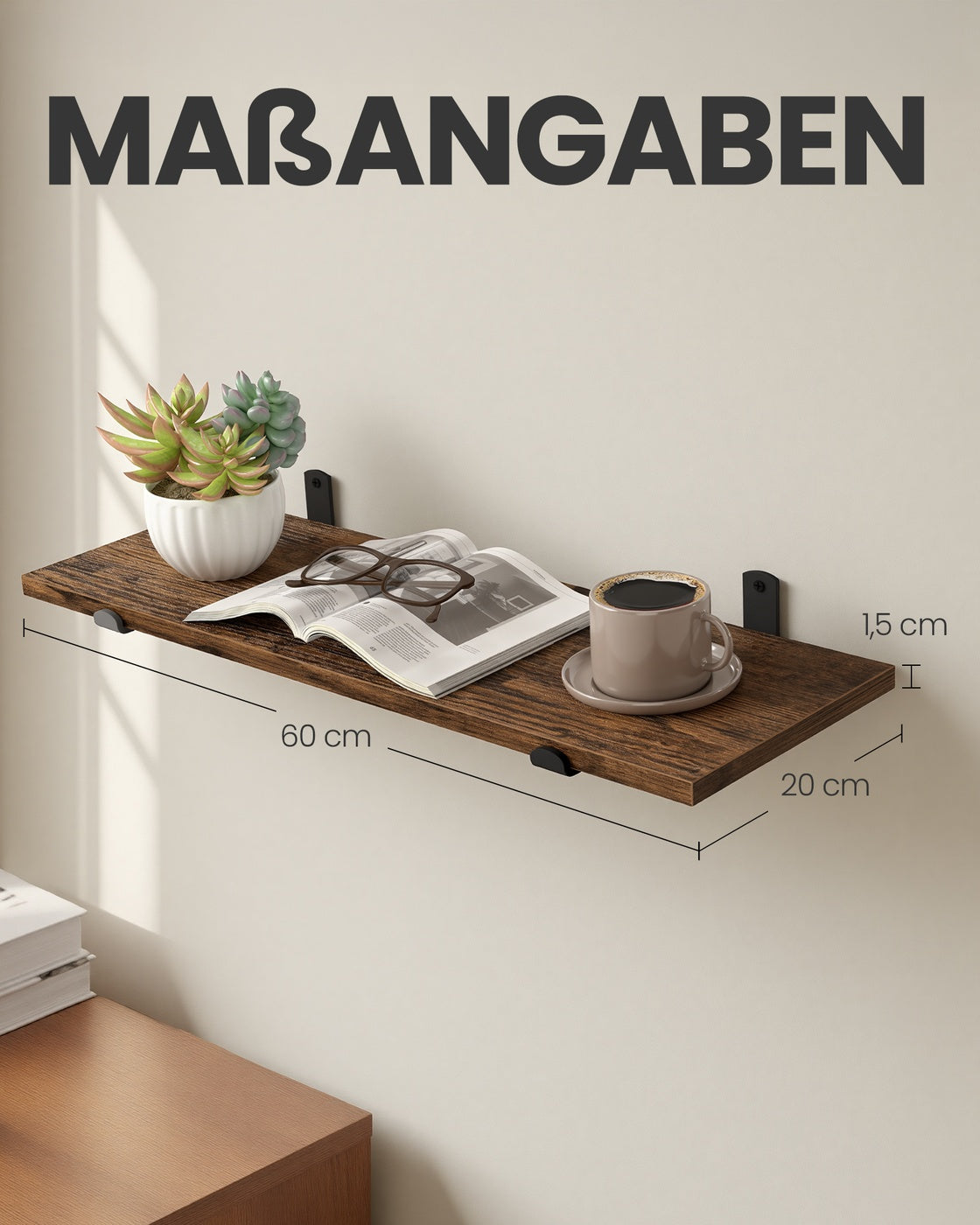 Wandregal 20 x 60 cm - Schwebendes Regal In Holzoptik - Bis Zu 10 kg Belastbar