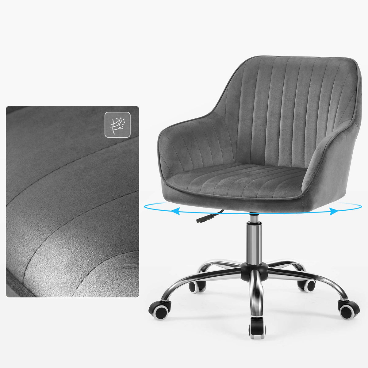 Chefsessel – Drehstuhl – Samtbezug – Höhenverstellbar – Fürs Homeoffice – Gesamtmaße 64 x 62 x (80–90) cm – Sitzhöhe 45–55 cm – Maximale Belastung 120 kg