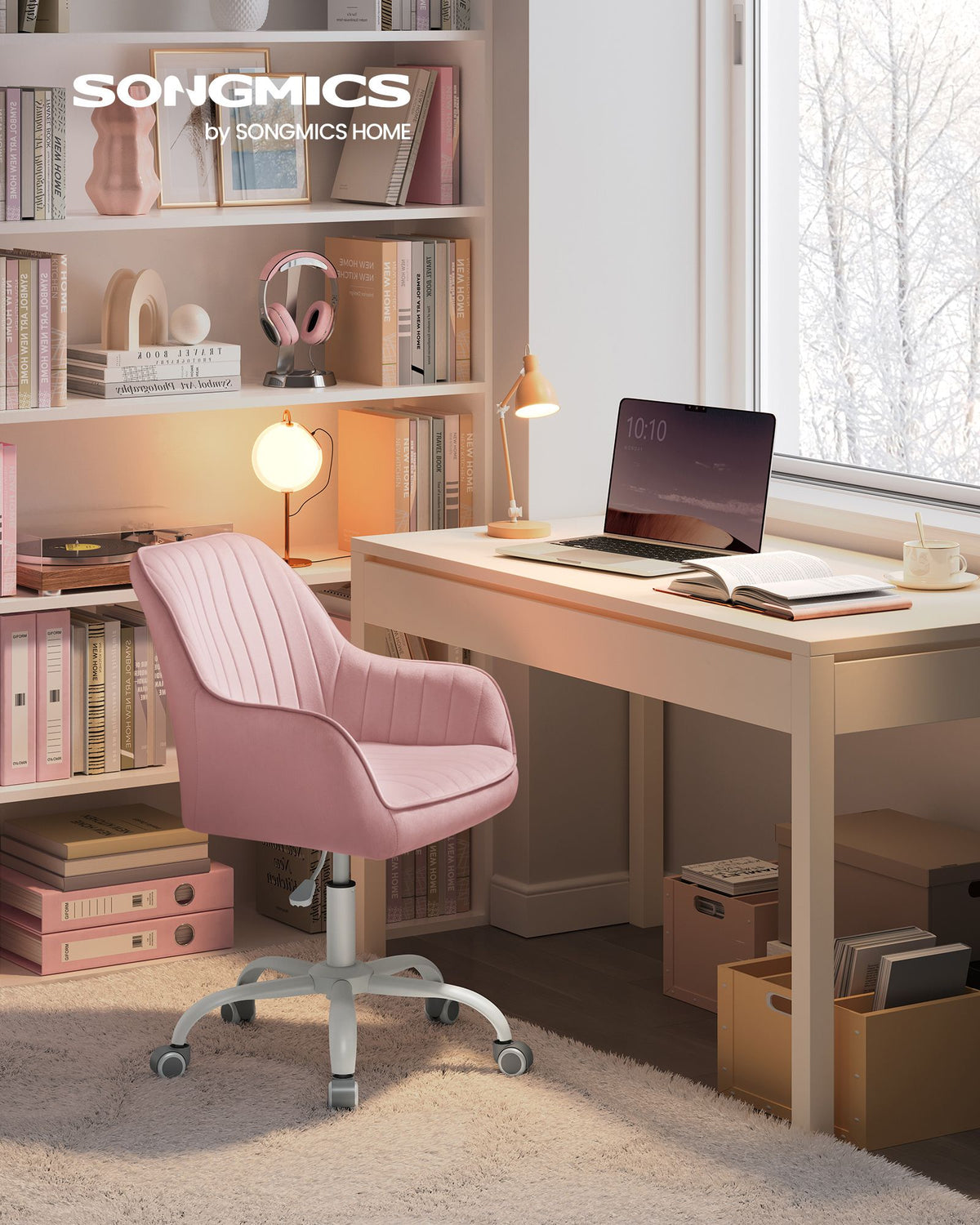 Chefsessel – Drehstuhl – Samtbezug – Höhenverstellbar – Fürs Homeoffice – Gesamtmaße 64 x 62 x (80–90) cm – Sitzhöhe 45–55 cm – Maximale Belastung 120 kg