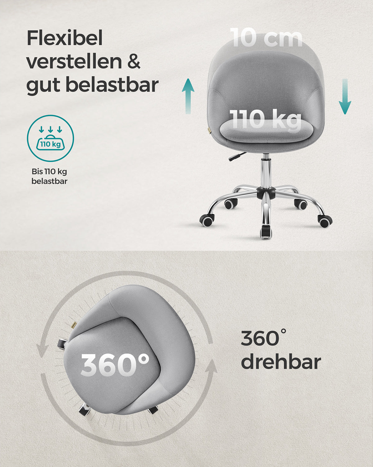 Drehstuhl ohne Armlehnen - Kompakter Bürostuhl - 360° verstellbarer Stuhl