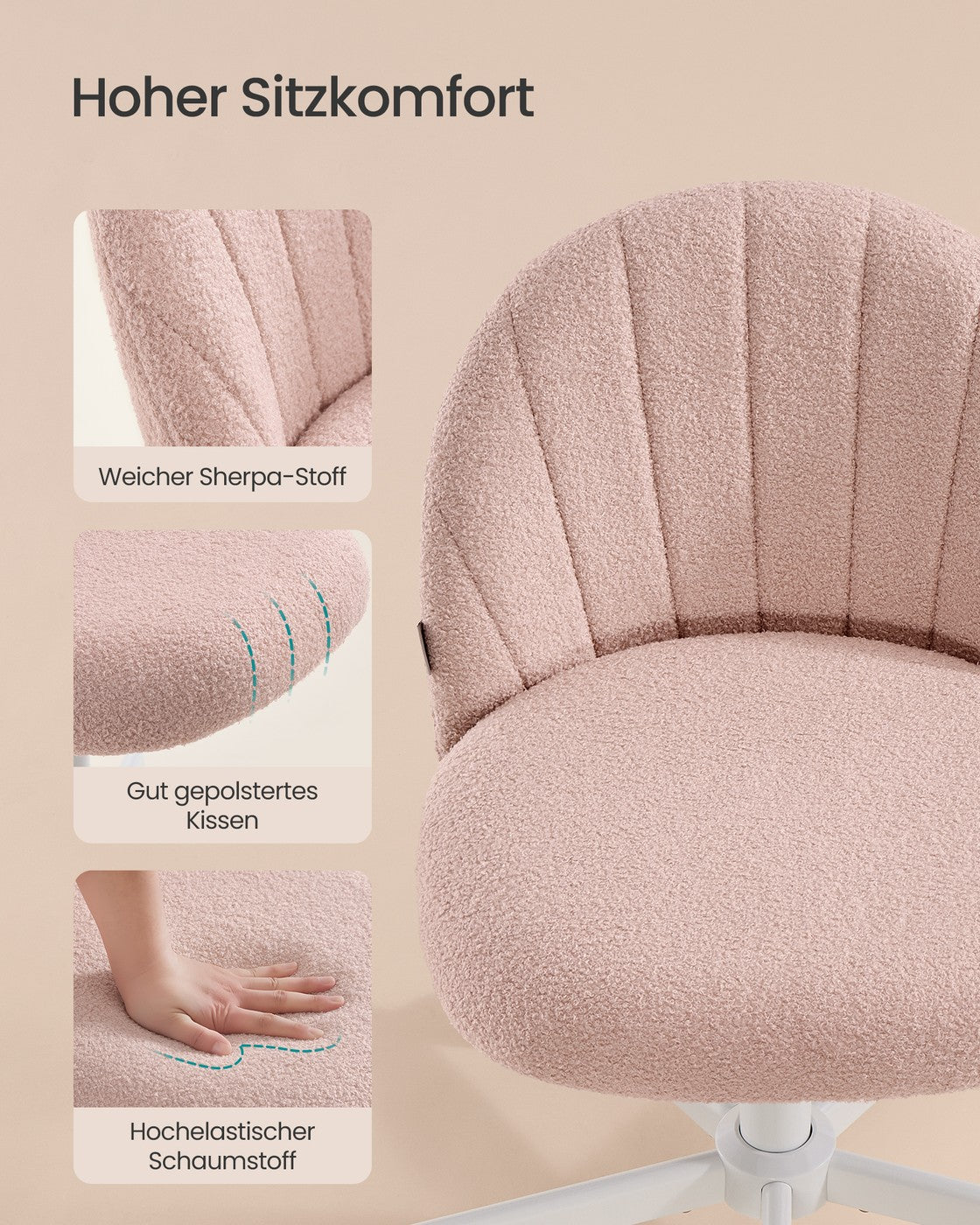 Drehstuhl – Kompaktes Design – Fleecebezug – Höhenverstellbar – 360°-Rollen – Ergonomische Rückenlehne