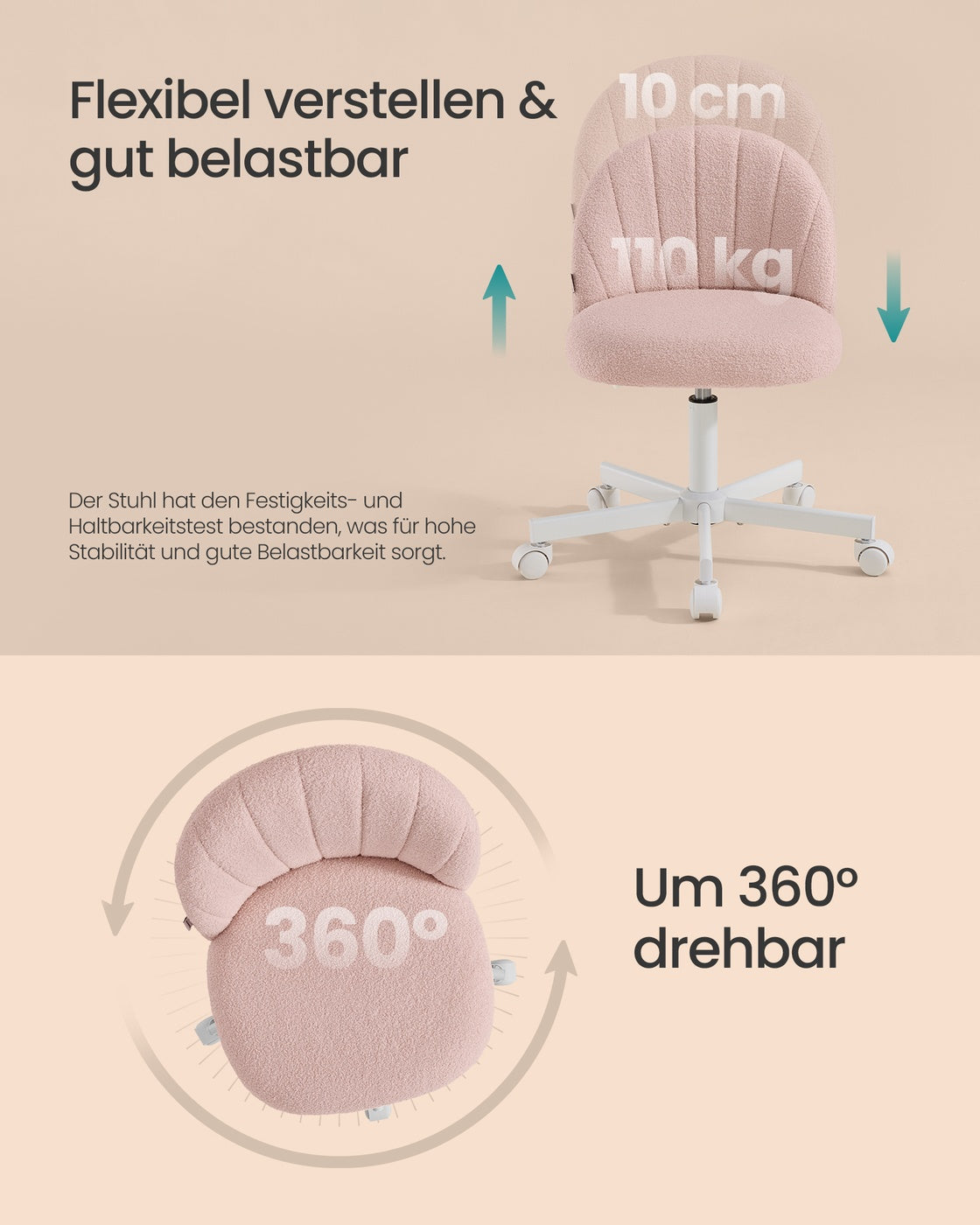 Drehstuhl – Kompaktes Design – Fleecebezug – Höhenverstellbar – 360°-Rollen – Ergonomische Rückenlehne