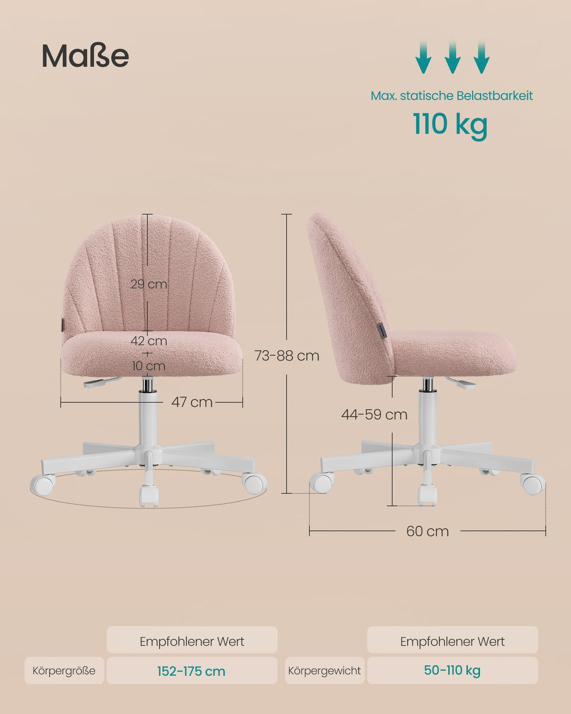 Drehstuhl – Kompaktes Design – Fleecebezug – Höhenverstellbar – 360°-Rollen – Ergonomische Rückenlehne