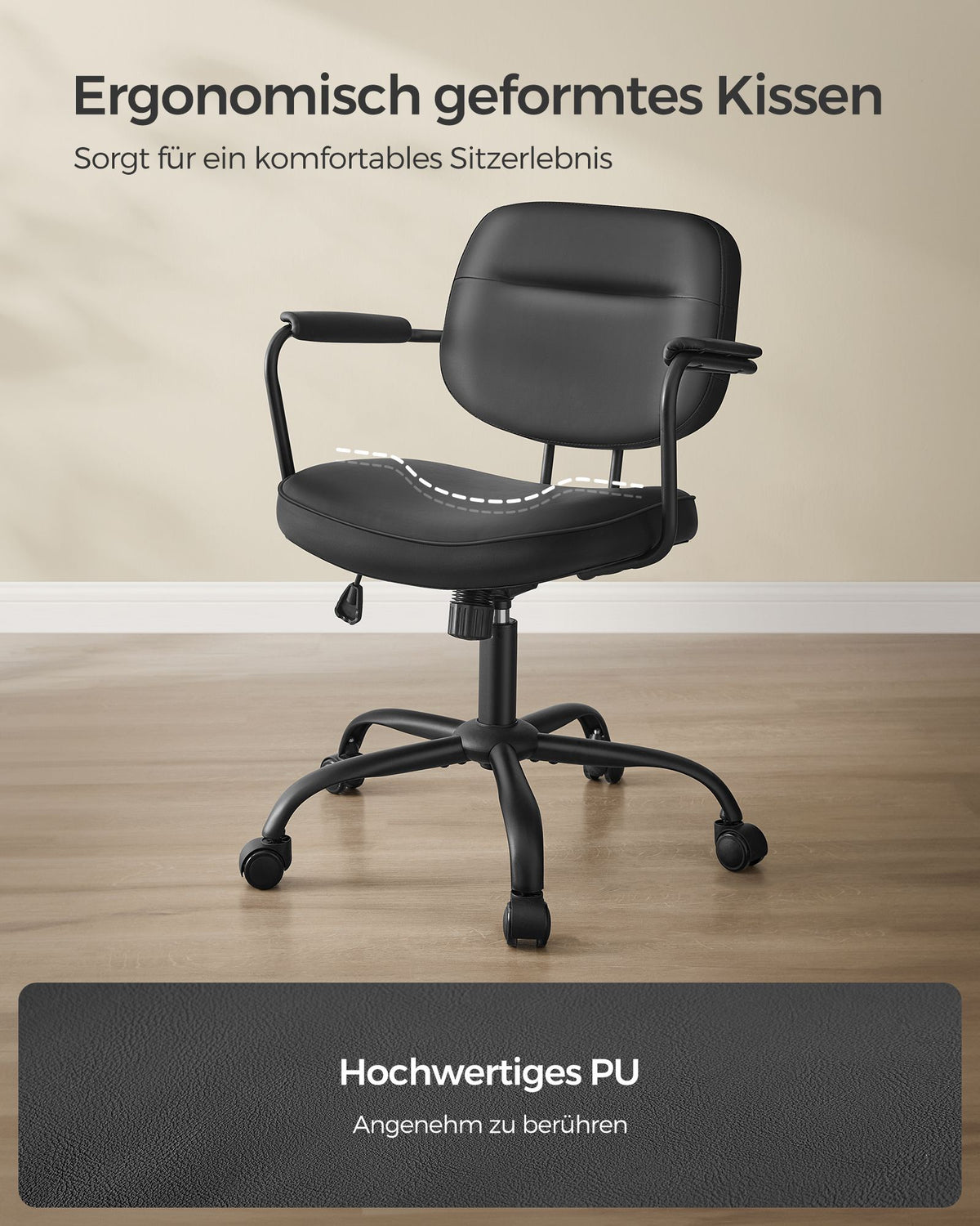Bürostuhl Kunstleder – Ergonomisch, drehbar und höhenverstellbar – Mit Wippfunktion und breiten Armlehnen