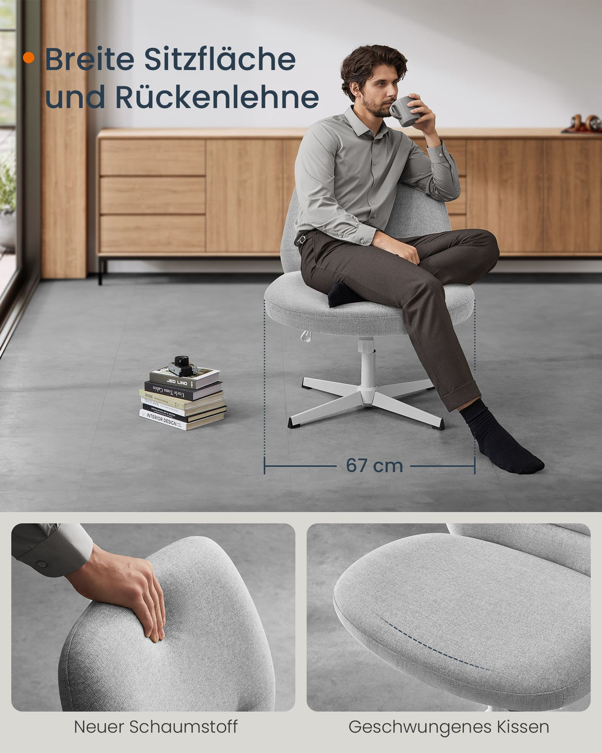 Moderner Drehstuhl – Bürostuhl mit Wippfunktion – Sitzhöhenverstellung – Polsterung in Leinenoptik – Mit oder ohne Rollen