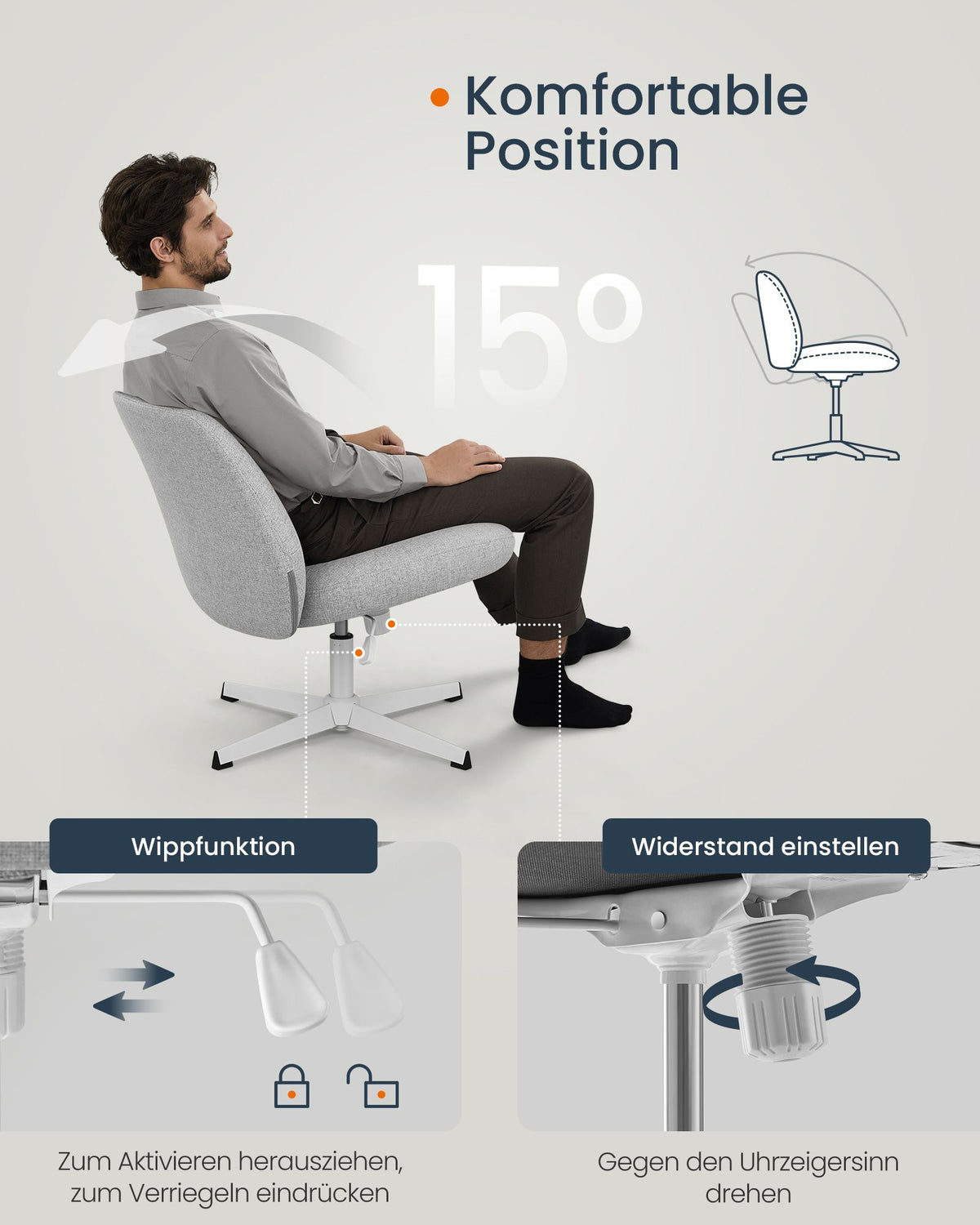 Moderner Drehstuhl – Bürostuhl mit Wippfunktion – Sitzhöhenverstellung – Polsterung in Leinenoptik – Mit oder ohne Rollen