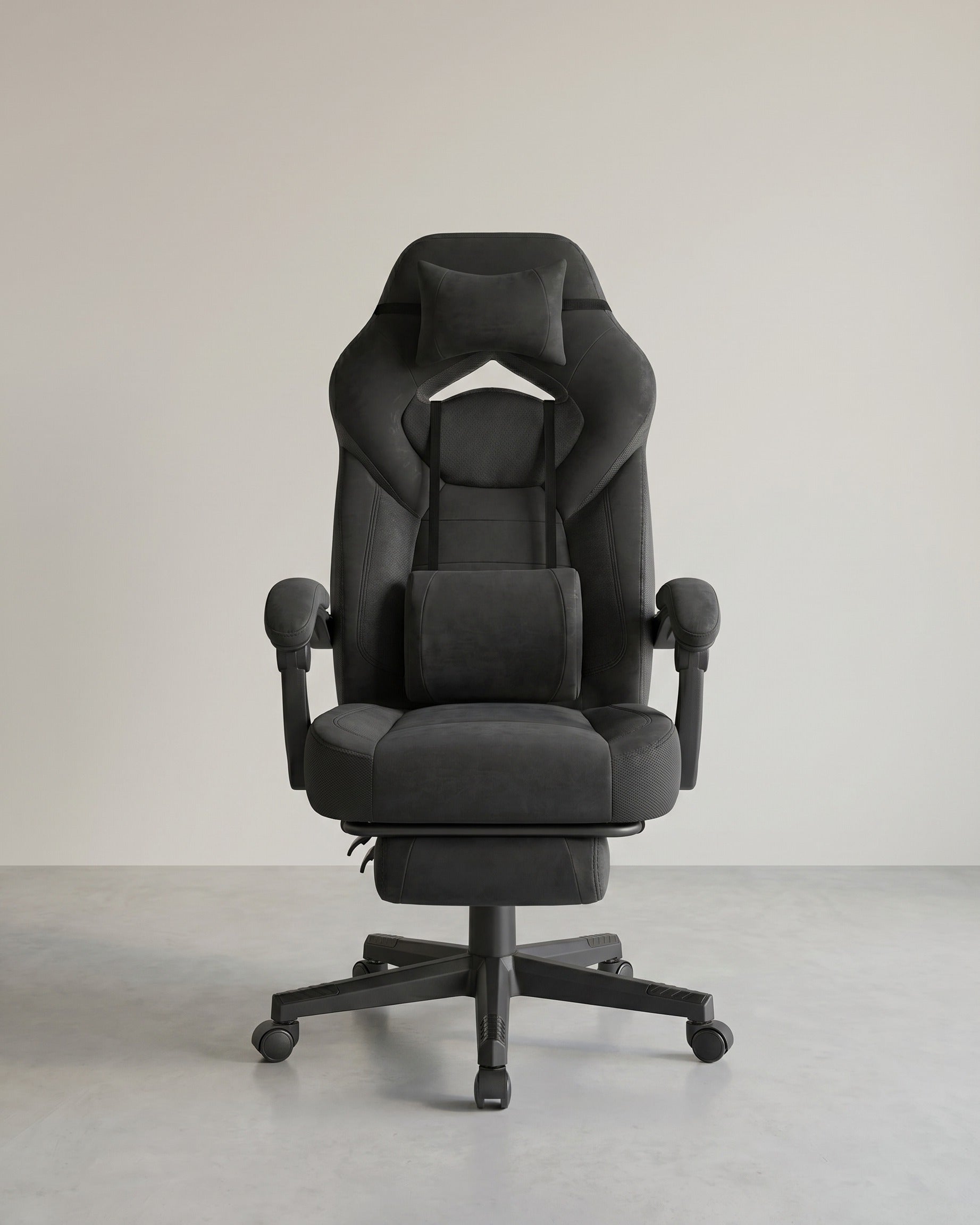 Gaming-Stuhl mit Fußstütze – ergonomisch – neigbar – extra dicke Sitzfläche – höhenverstellbar – Schwarz | Wildleder