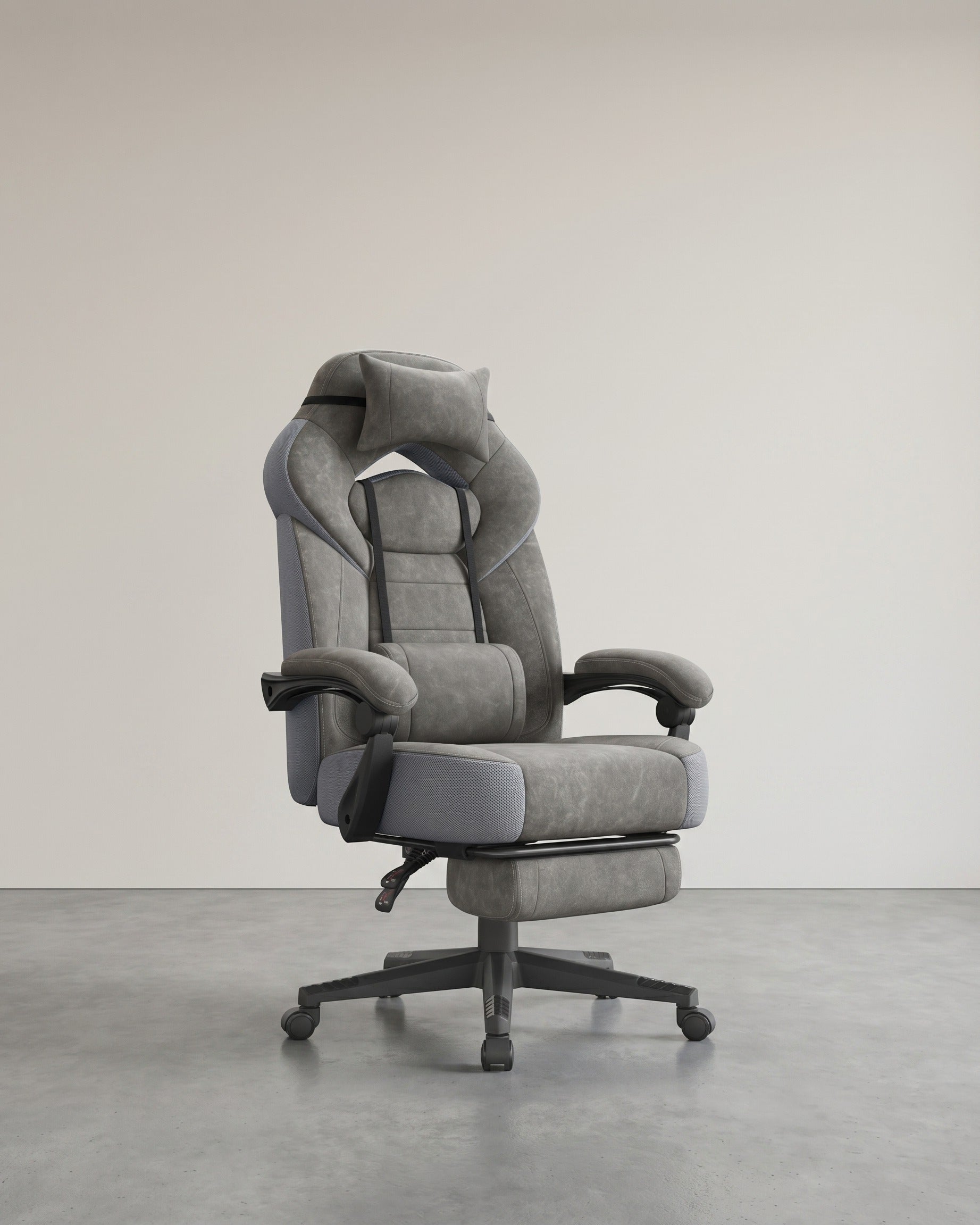 Gaming-Stuhl mit Fußstütze – ergonomisch – neigbar – extra dicke Sitzfläche – höhenverstellbar – Grau | Wildleder