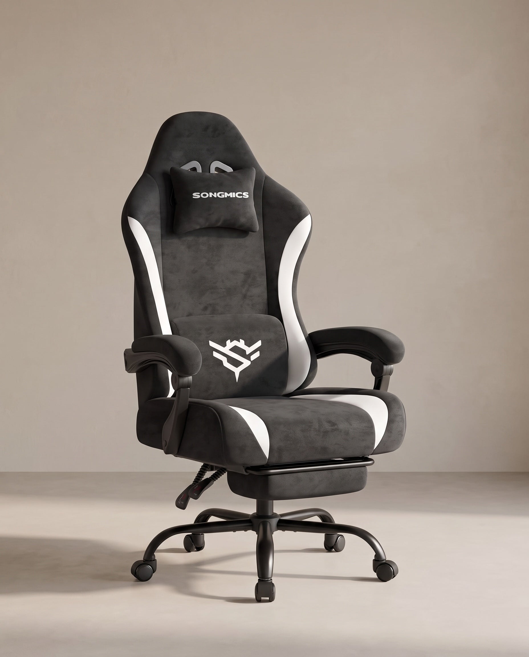 Gaming-Stuhl mit Fußstütze aus Kunstwildleder in Schwarz-Weiß