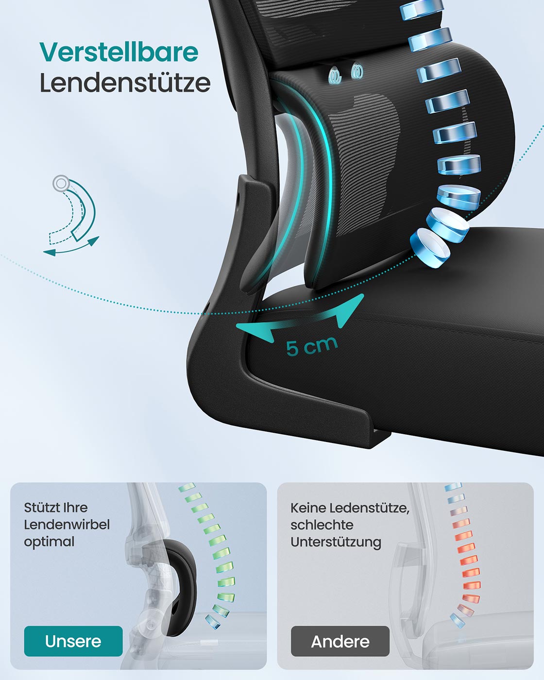Ergonomischer Bürostuhl – Verstellbare Lordosenstütze – Netzrückenlehne – Neigbare Rückenlehne und Kopfstütze