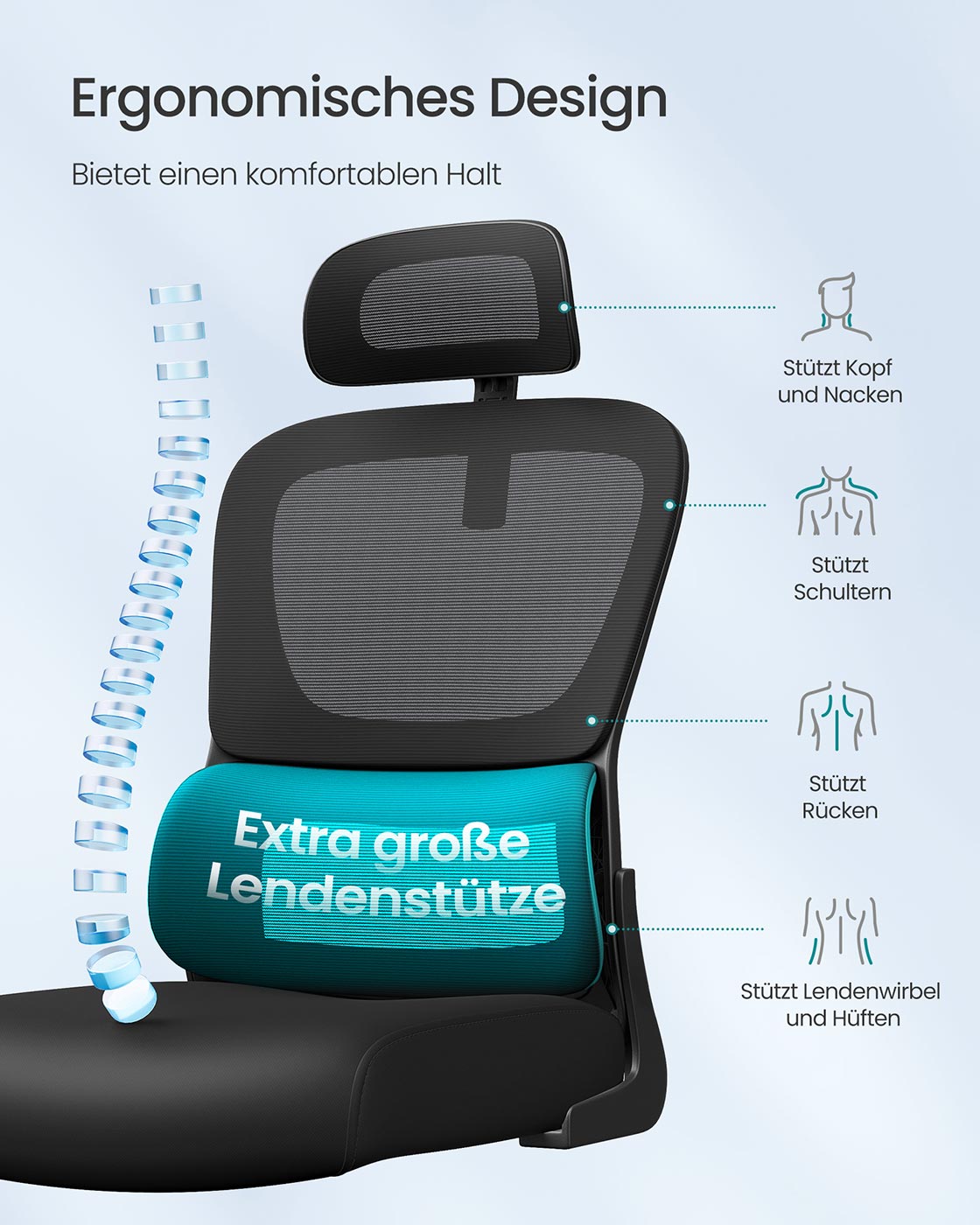 Ergonomischer Bürostuhl – Verstellbare Lordosenstütze – Netzrückenlehne – Neigbare Rückenlehne und Kopfstütze