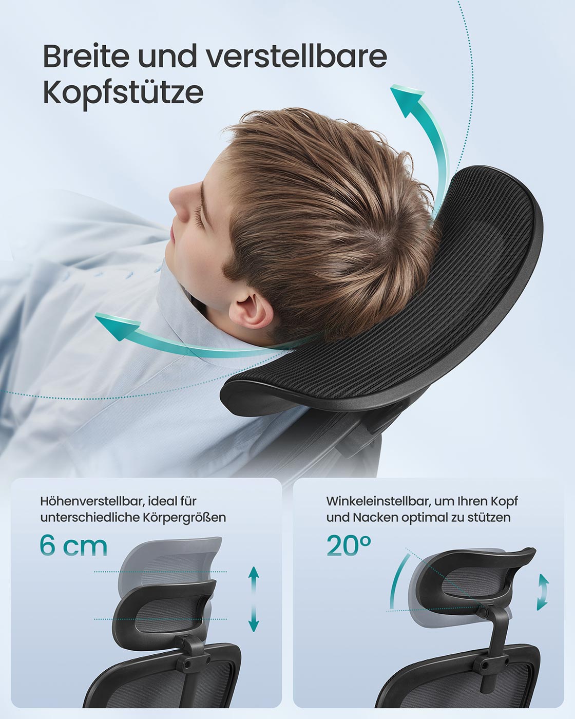 Ergonomischer Bürostuhl – Verstellbare Lordosenstütze – Netzrückenlehne – Neigbare Rückenlehne und Kopfstütze