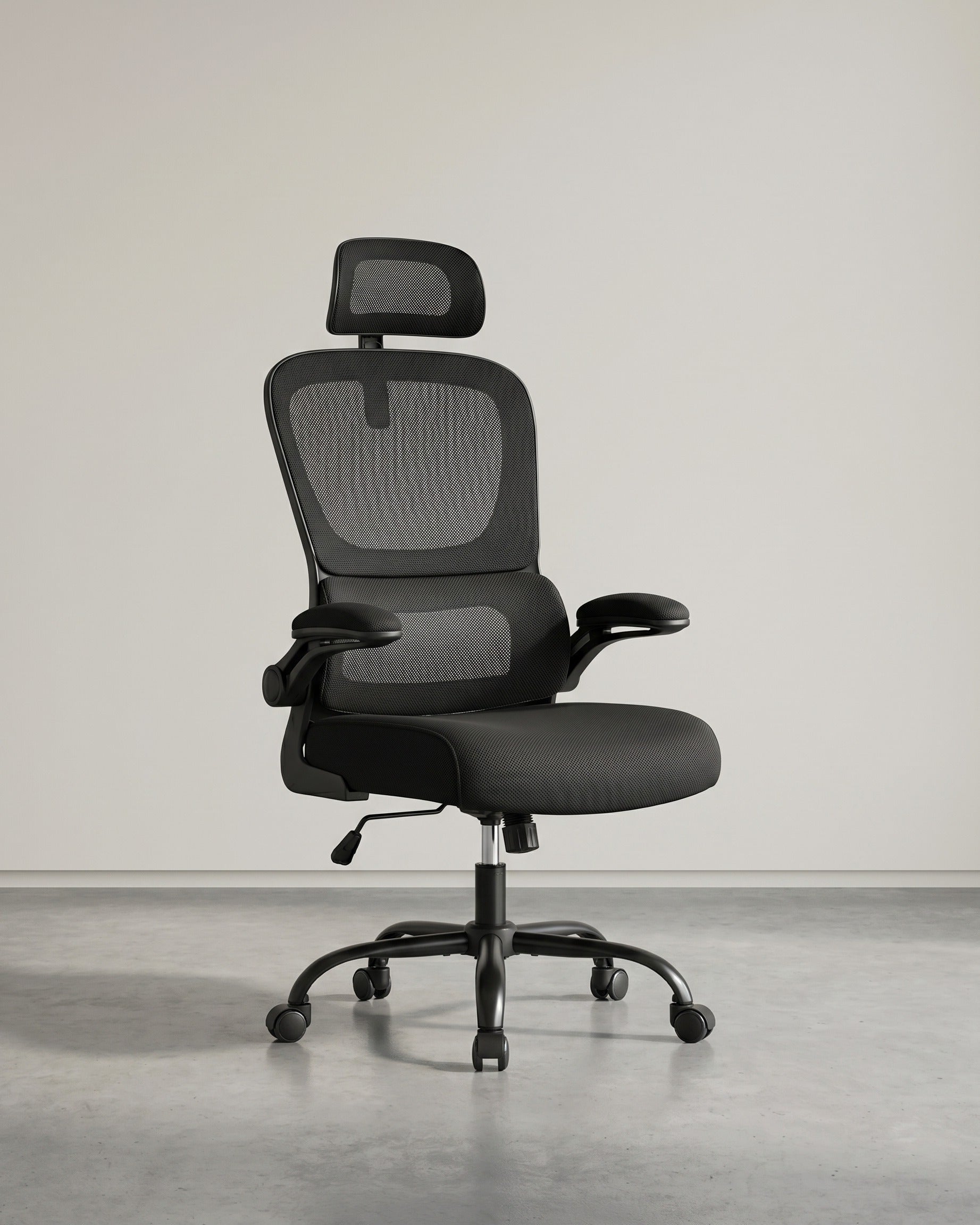Ergonomischer Bürostuhl – Verstellbare Lordosenstütze – Netzrückenlehne – Neigbare Rückenlehne und Kopfstütze – Schwarz