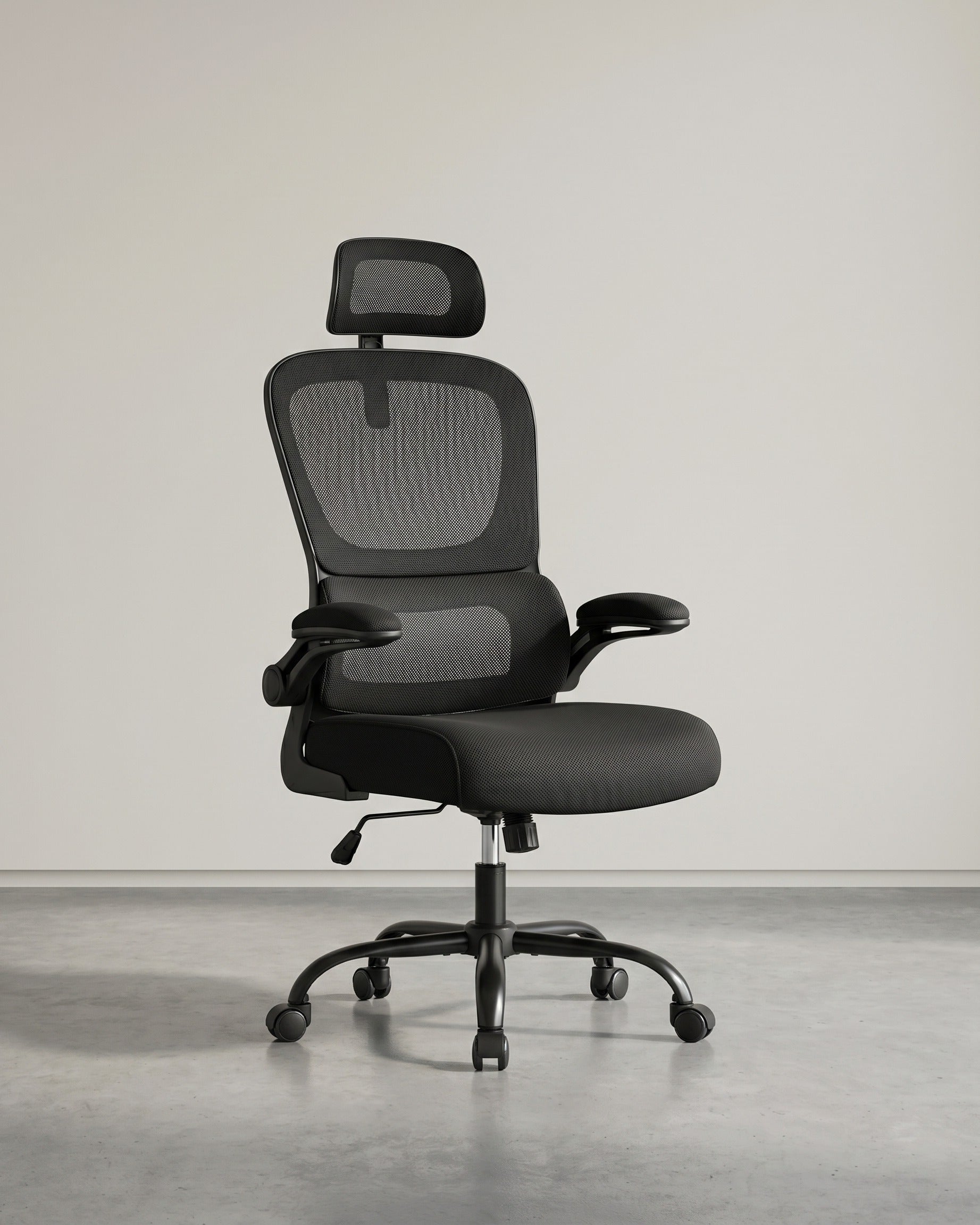 Ergonomischer Bürostuhl – Verstellbare Lordosenstütze – Netzrückenlehne – Neigbare Rückenlehne und Kopfstütze – Schwarz