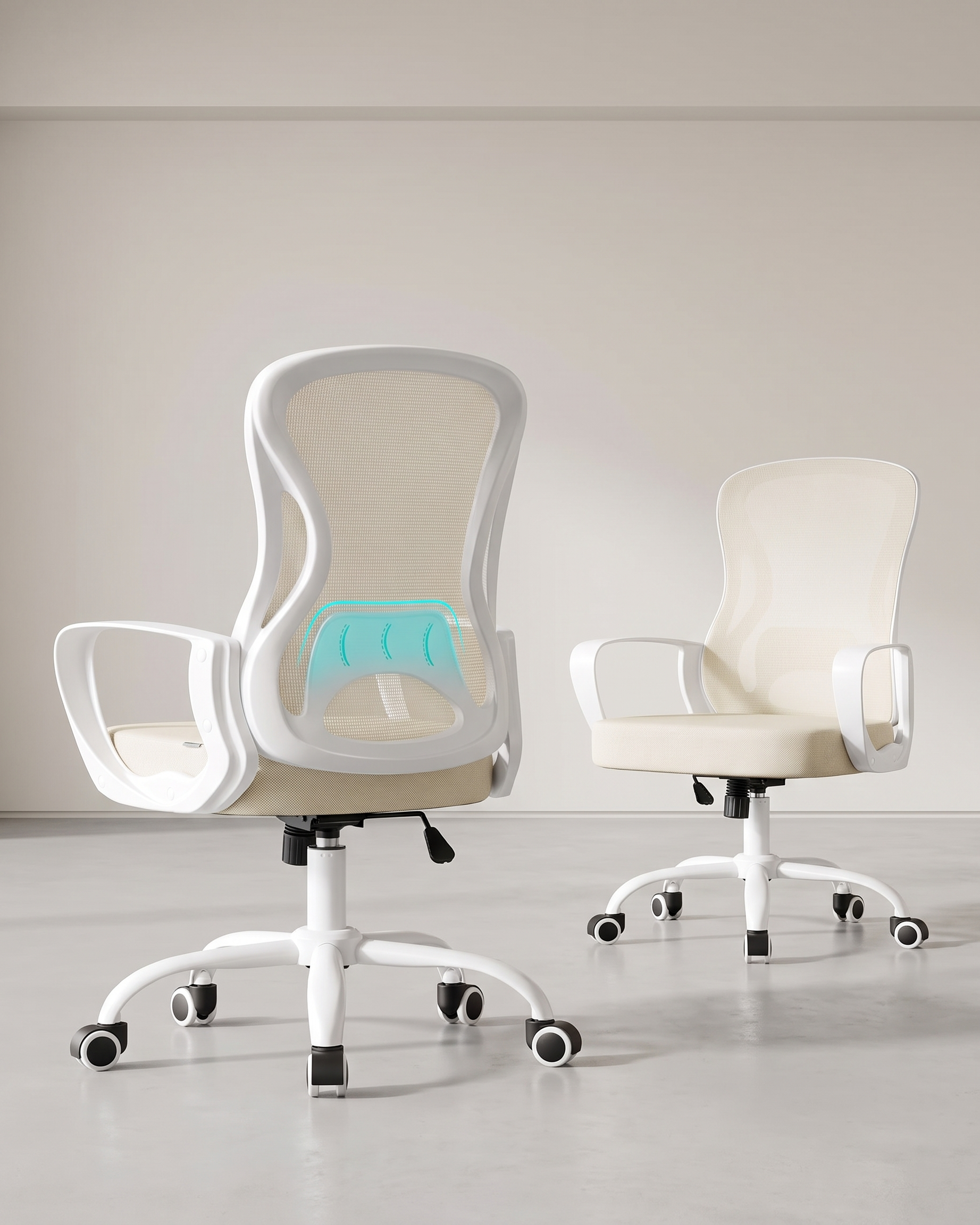 Ergonomischer Bürostuhl – Höhenverstellbar – Klappbare Armlehnen – Atmungsaktives Netzgewebe – Beige