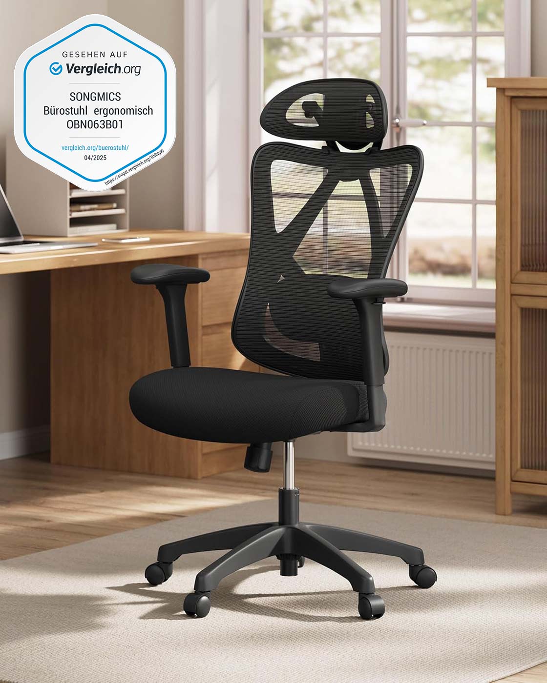 Ergonomischer Bürostuhl – Verstellbare Rücken- und Armlehne – Verstellbare Kopfstütze – 150 kg Tragkraft