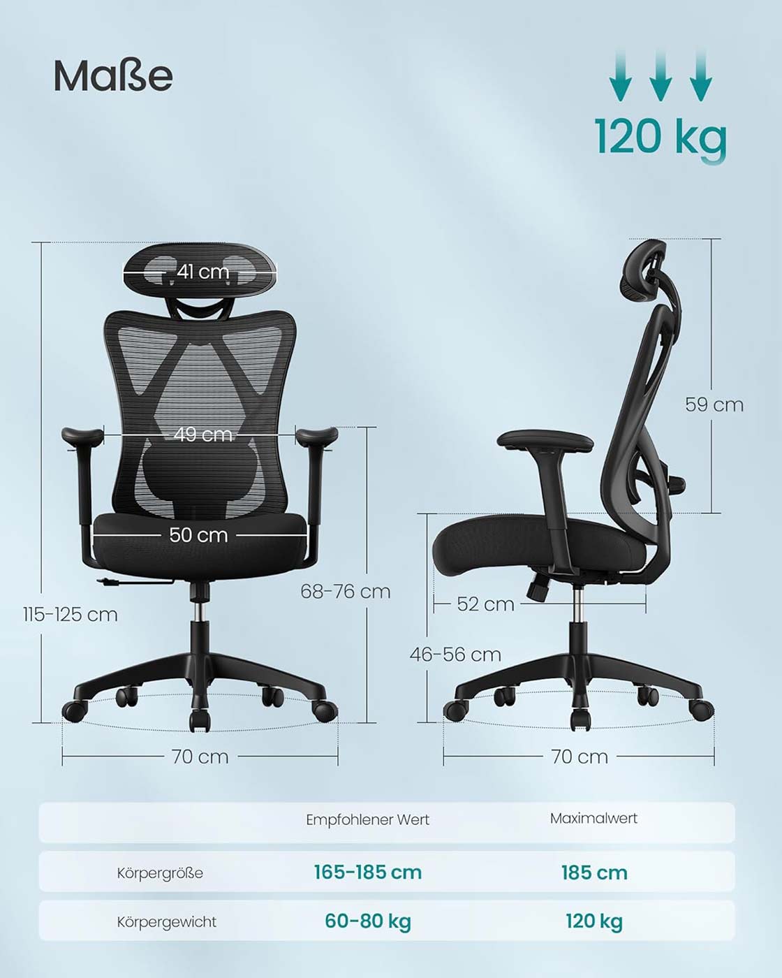 Ergonomischer Bürostuhl – Verstellbare Rücken- und Armlehne – Verstellbare Kopfstütze – 150 kg Tragkraft