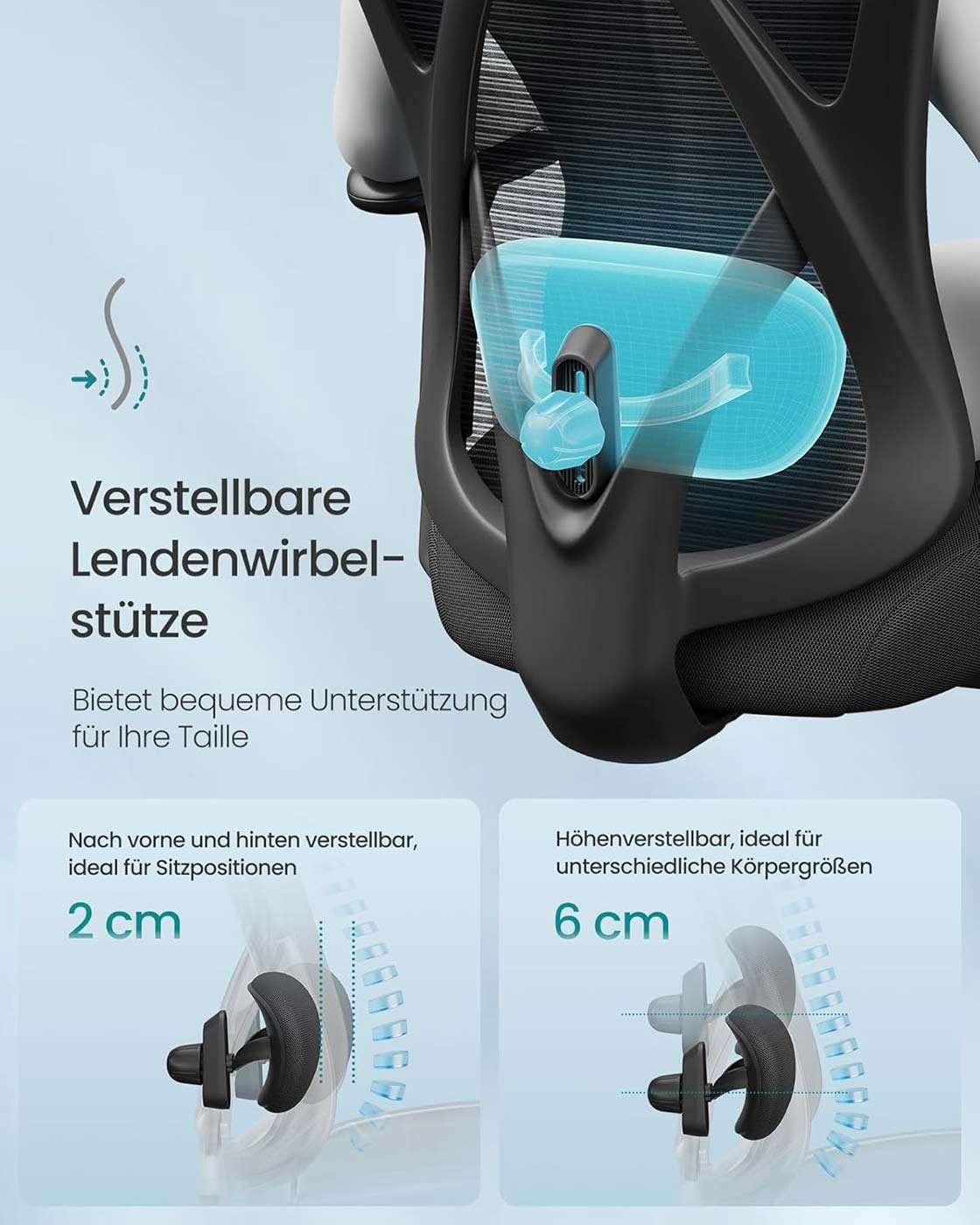Ergonomischer Bürostuhl – Verstellbare Rücken- und Armlehne – Verstellbare Kopfstütze – 150 kg Tragkraft