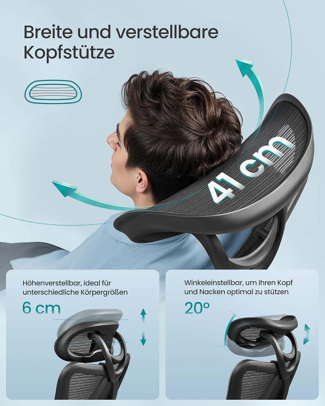 Ergonomischer Bürostuhl – Verstellbare Rücken- und Armlehne – Verstellbare Kopfstütze – 150 kg Tragkraft
