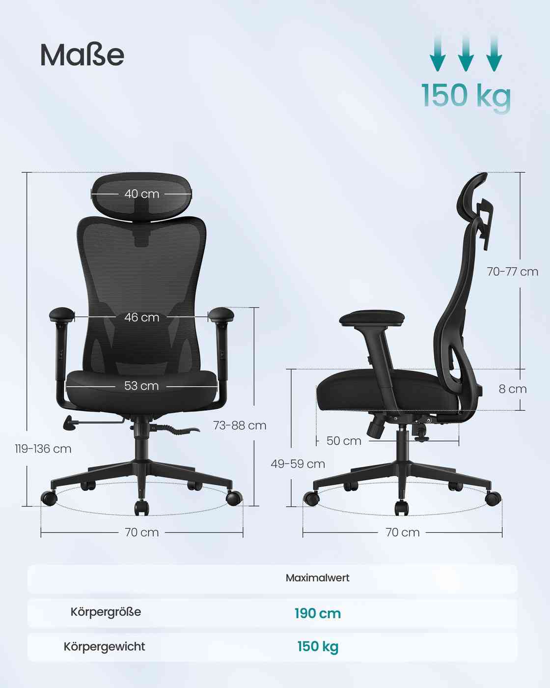 Ergonomischer Bürostuhl – Verstellbare Lendenwirbelstütze – Atmungsaktives Netzgewebe – Neigungsfunktion – Belastbarkeit 150 kg