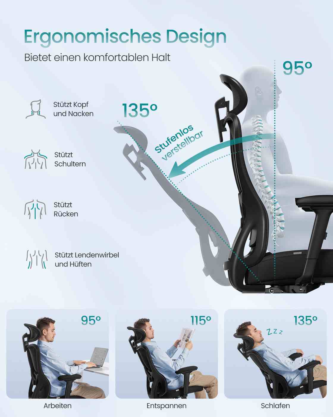 Ergonomischer Bürostuhl – Verstellbare Lendenwirbelstütze – Atmungsaktives Netzgewebe – Neigungsfunktion – Belastbarkeit 150 kg