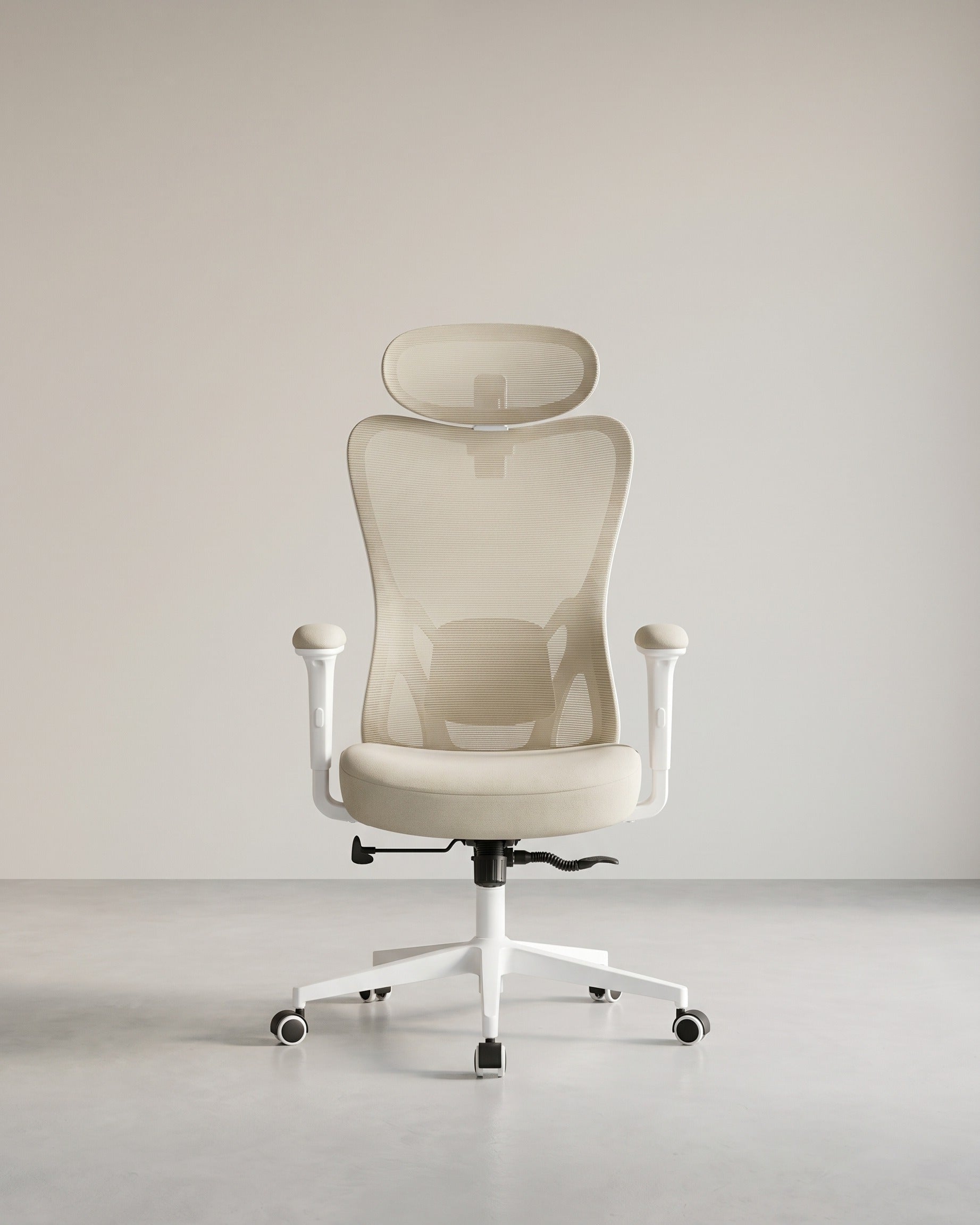 Ergonomischer Bürostuhl – Verstellbare Lendenwirbelstütze – Atmungsaktives Netzgewebe – Neigungsfunktion – Belastbarkeit 150 kg – Beige
