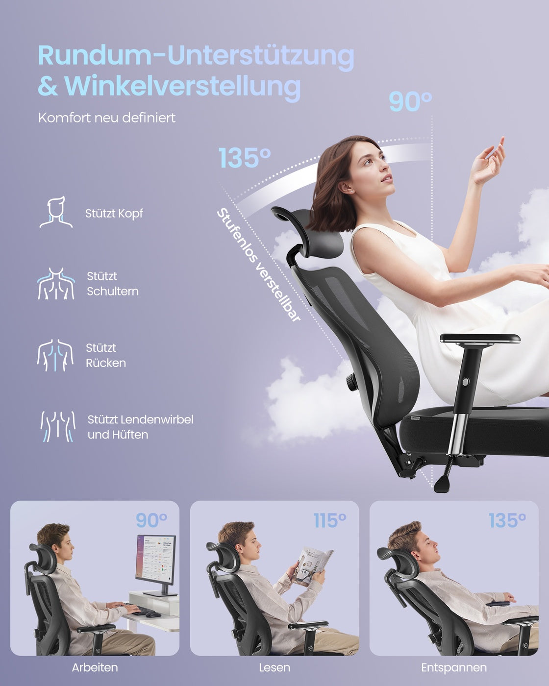 Bürostuhl - Ergonomisch - Verstellbare Lendenstütze Und Kopfstütze - Bis 150 kg