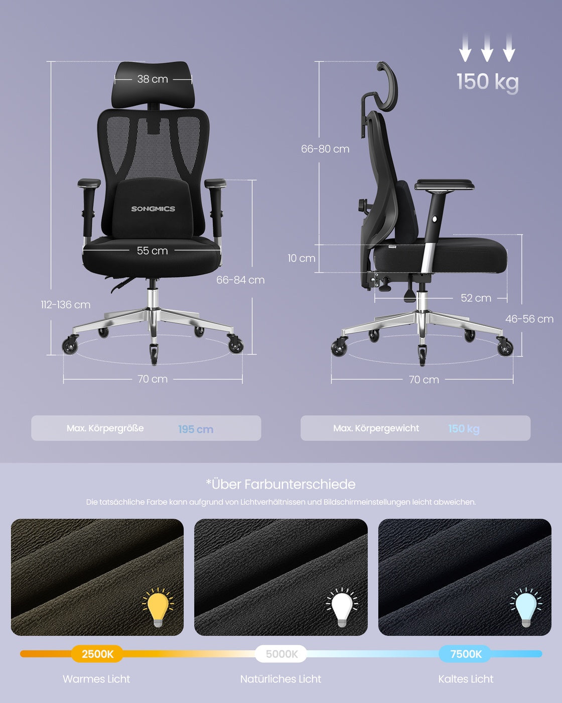 Bürostuhl - Ergonomisch - Verstellbare Lendenstütze Und Kopfstütze - Bis 150 kg