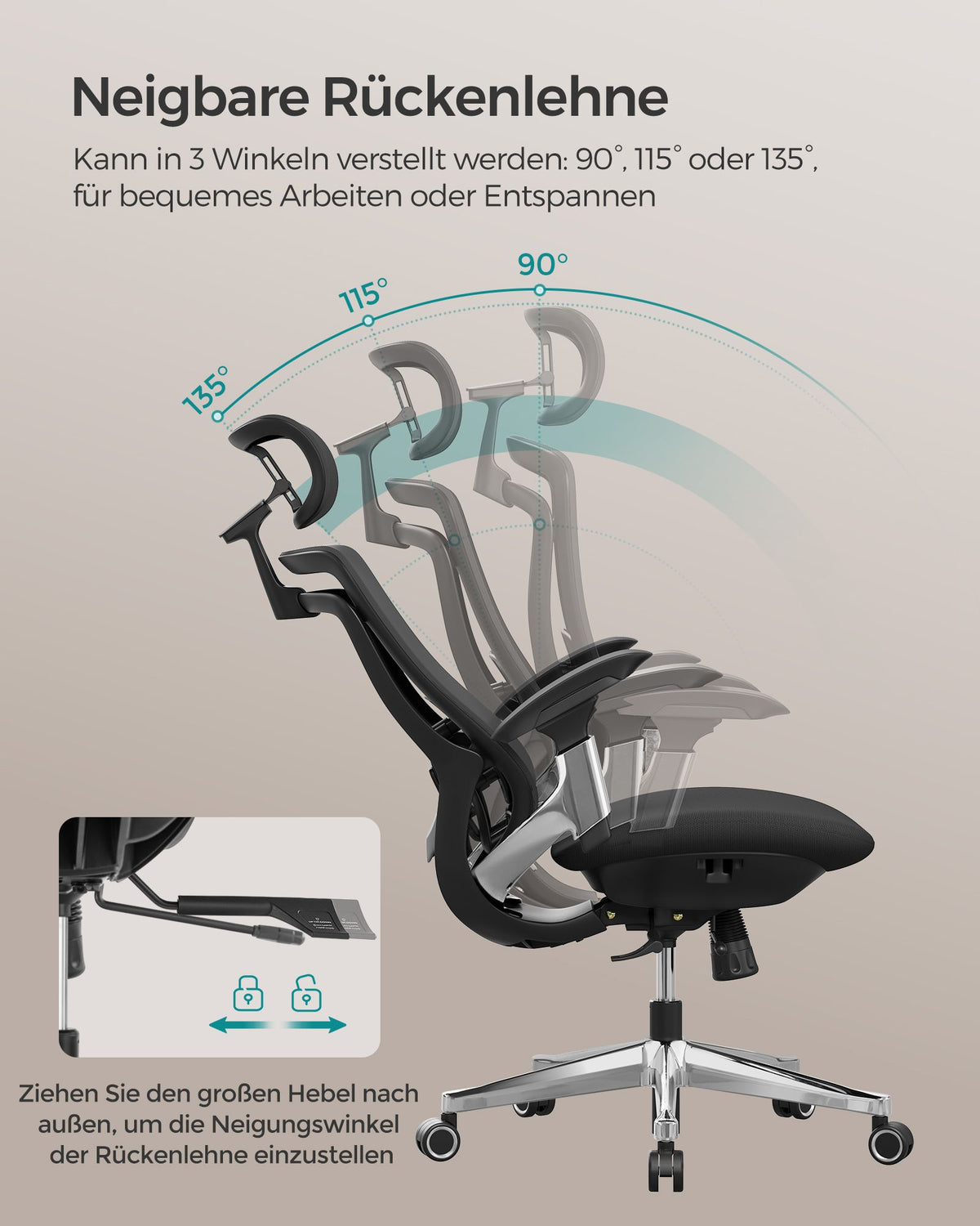 Ergonomischer Bürostuhl Ergo Elite 2.0 – stufenlos verstellbar – 6-teilige TPR-Lendenwirbelstütze – Tragkraft bis 150 kg