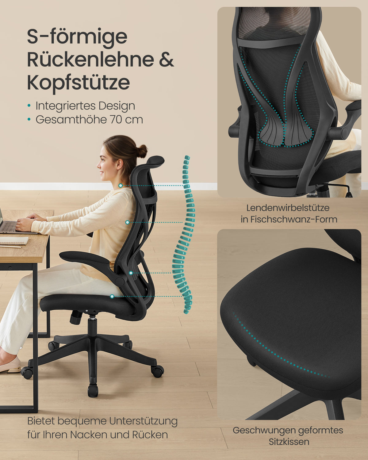Ergonomischer Bürostuhl – Mit Kopfstütze, Lordosenstütze und klappbaren Armlehnen – S-förmige Rückenlehne – Bis 150 kg belastbar