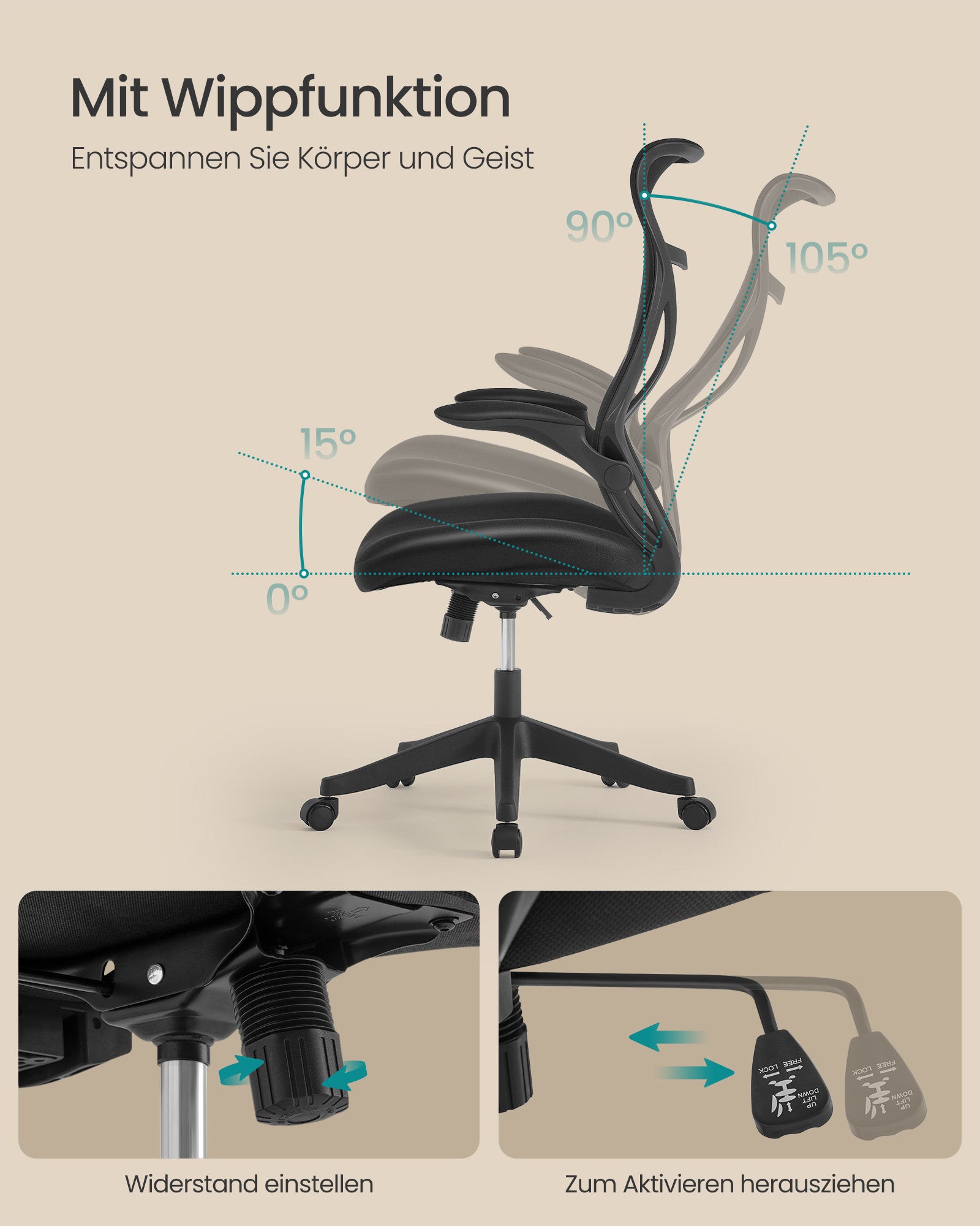 Ergonomischer Bürostuhl – Mit Kopfstütze, Lordosenstütze und klappbaren Armlehnen – S-förmige Rückenlehne – Bis 150 kg belastbar