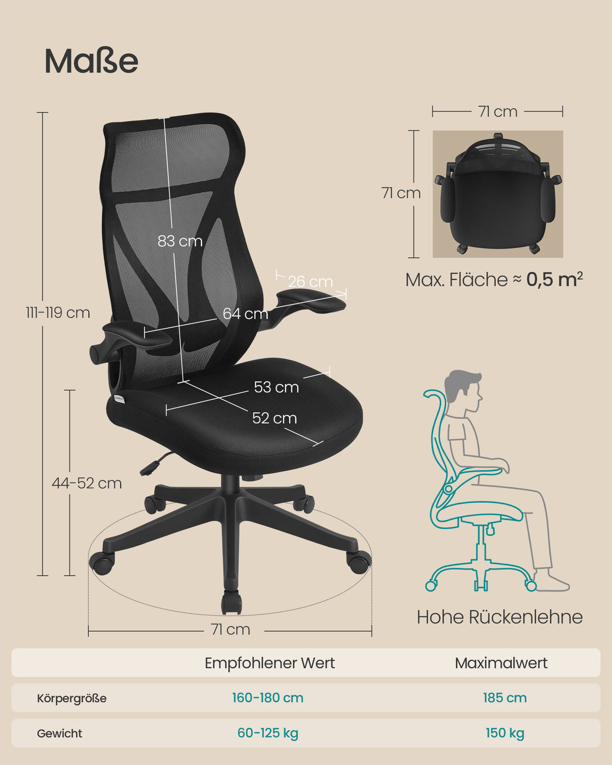 Ergonomischer Bürostuhl – Mit Kopfstütze, Lordosenstütze und klappbaren Armlehnen – S-förmige Rückenlehne – Bis 150 kg belastbar