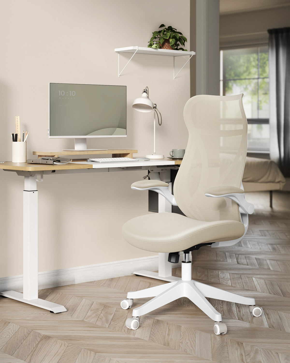 Ergonomischer Bürostuhl – Mit Kopfstütze, Lordosenstütze und klappbaren Armlehnen – S-förmige Rückenlehne – Bis 150 kg belastbar